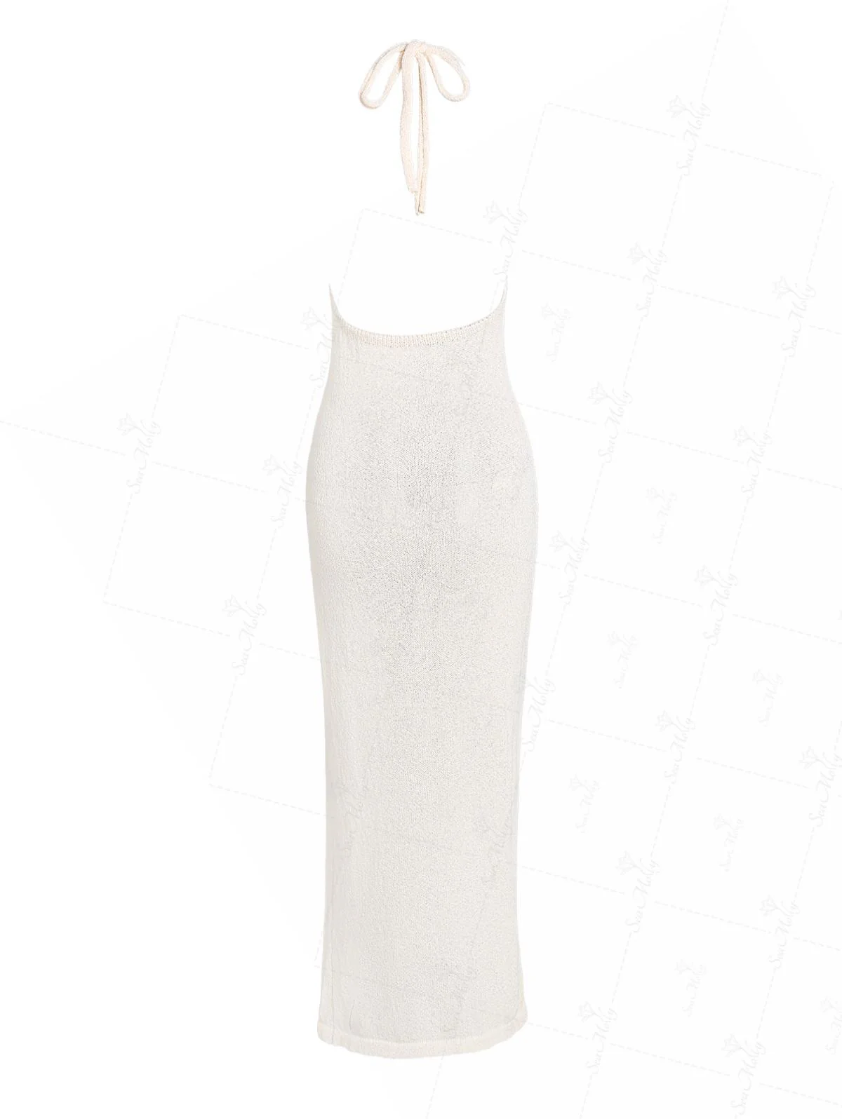 3D Flower Backless Halter Tied Thigh Split Beach Cover Up Knit Maxi Dress - Image 7
