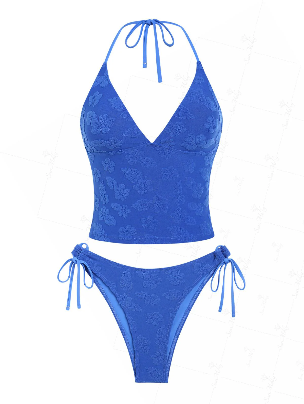 Seamolly Terry Cloth Jacquard Floral Halter Tie Side Tankini Set - Image 2