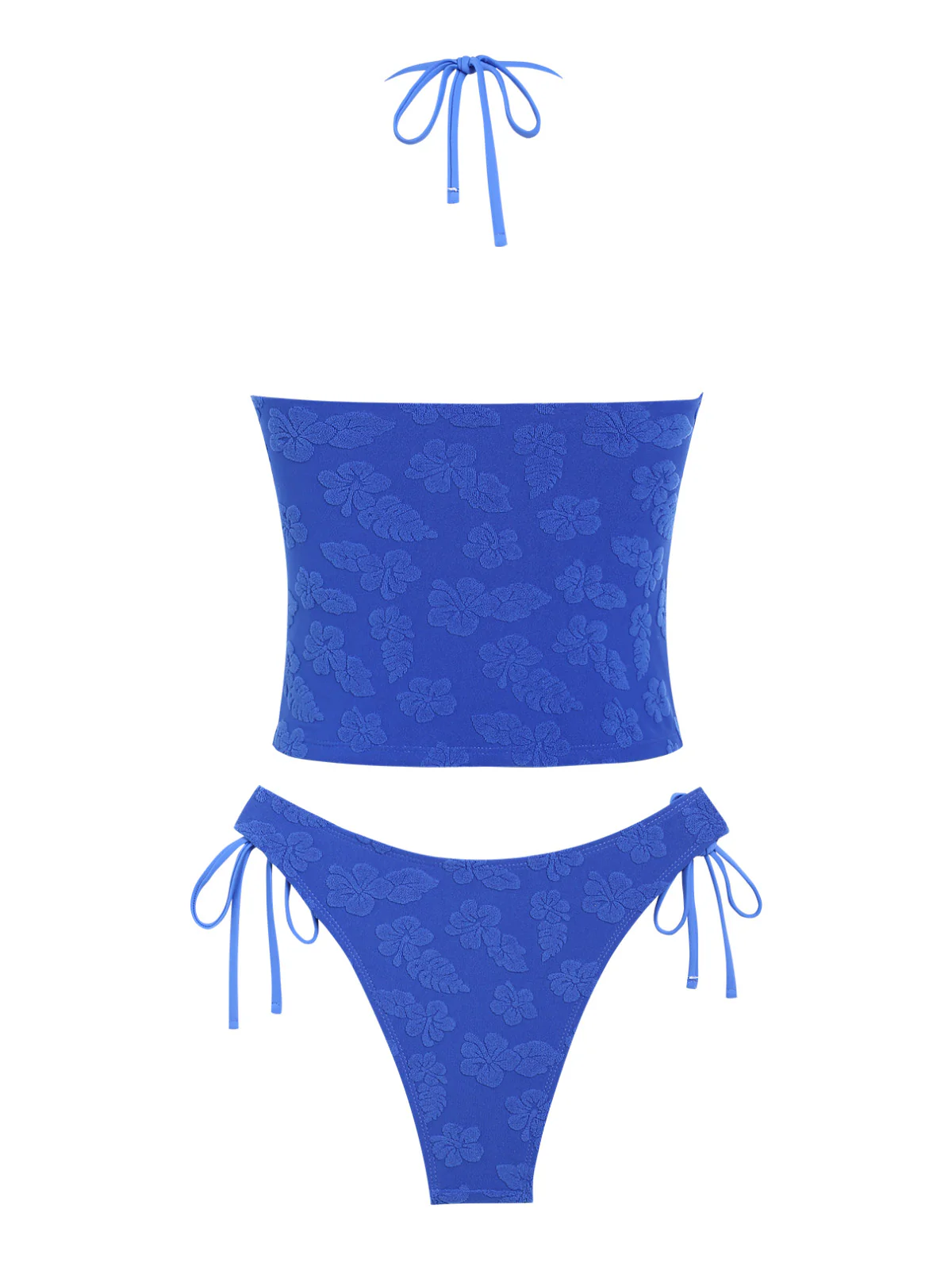 Seamolly Terry Cloth Jacquard Floral Halter Tie Side Tankini Set - Image 4