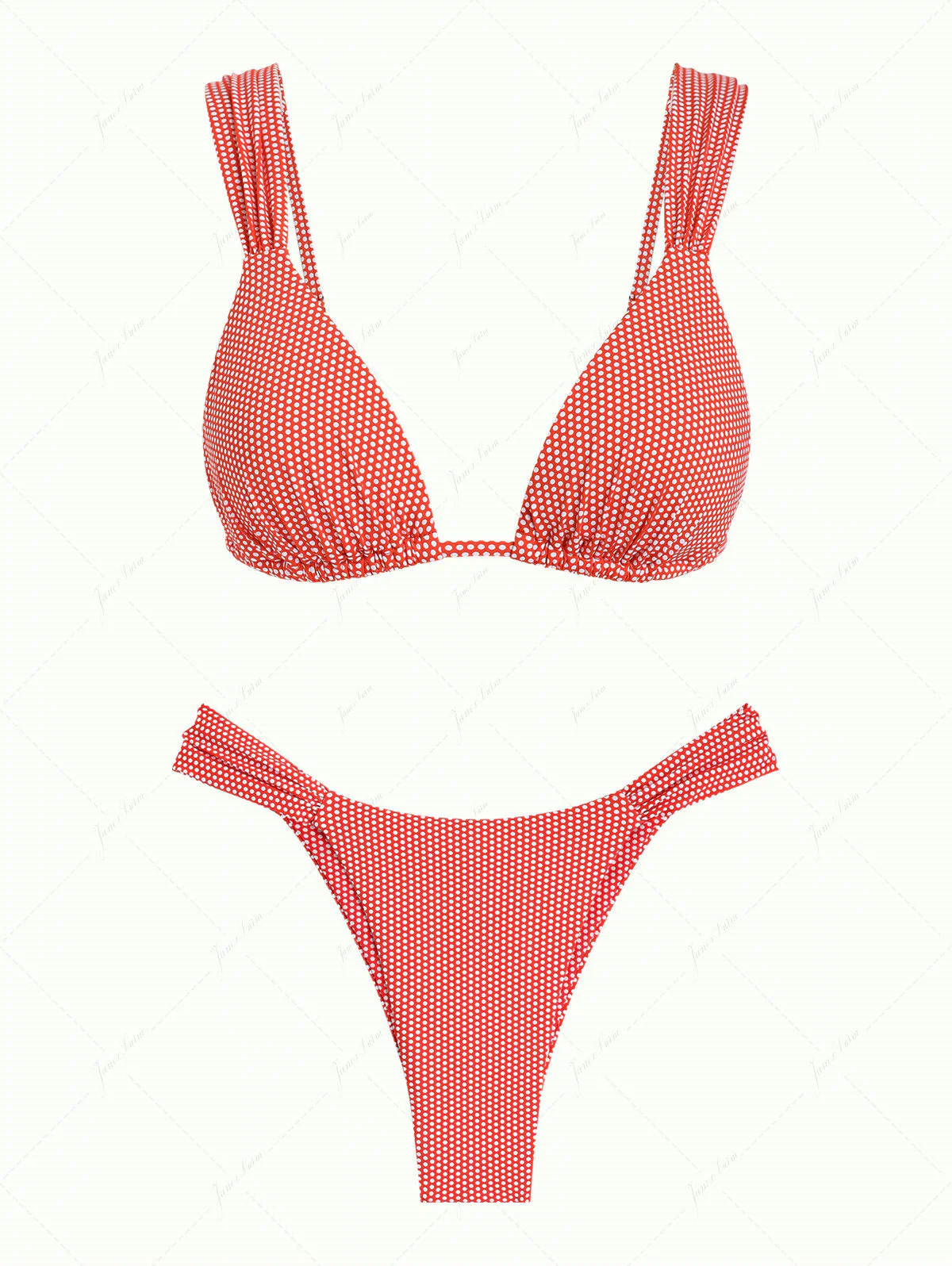 Cherry Red Polka Dot Print Ruched Triangle Bikini Set - Image 4