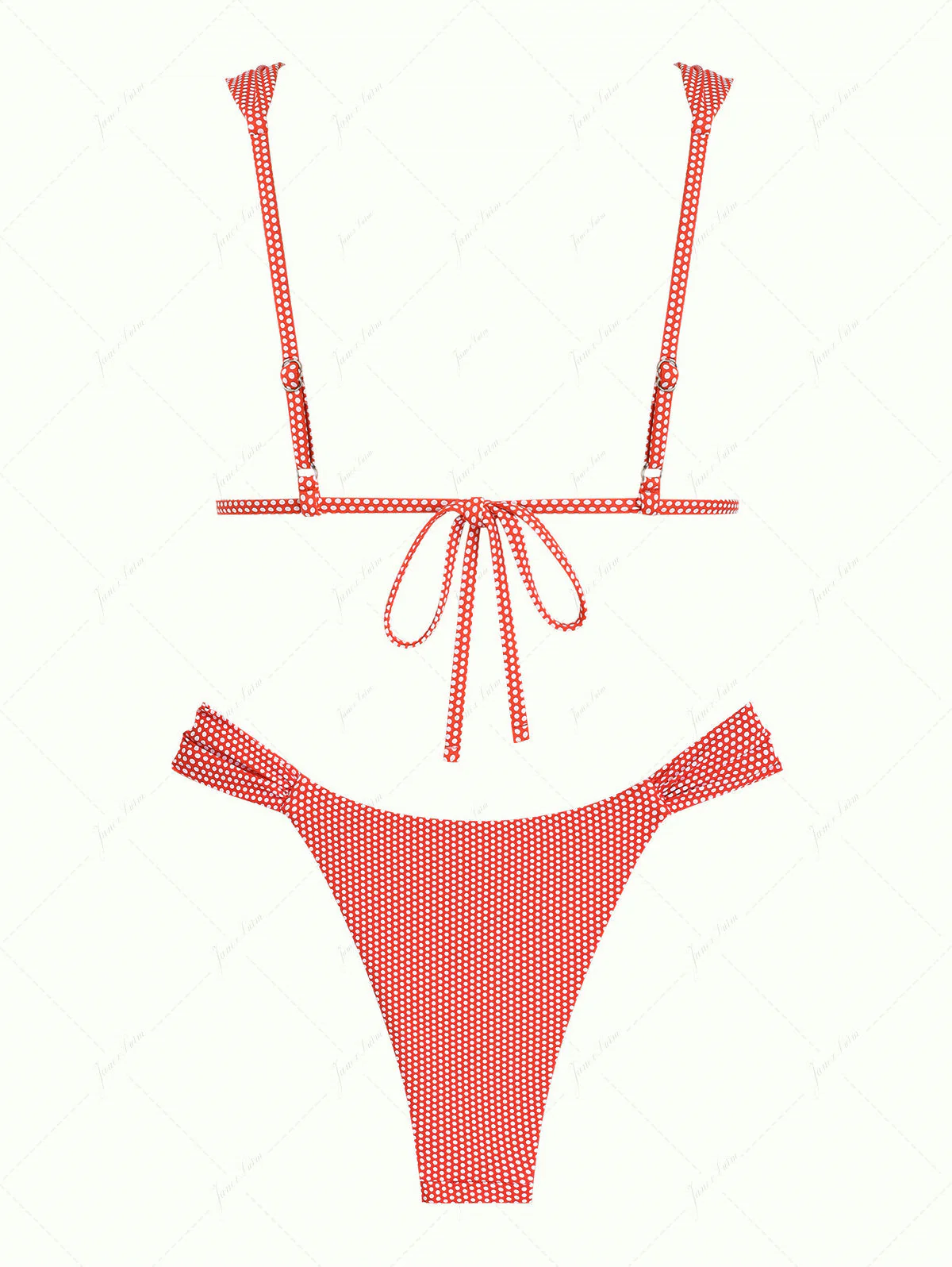 Cherry Red Polka Dot Print Ruched Triangle Bikini Set - Image 5