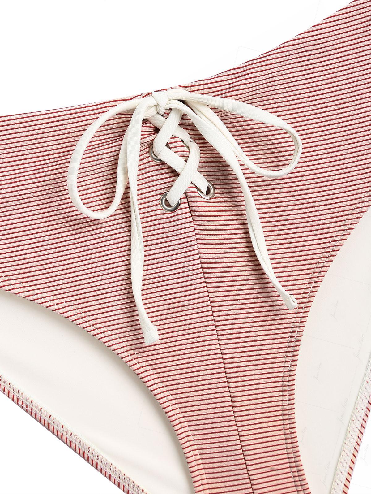 Cherry Red Striped Contrast Binding Halter Triangle Half-covered Bikini Set - Image 7