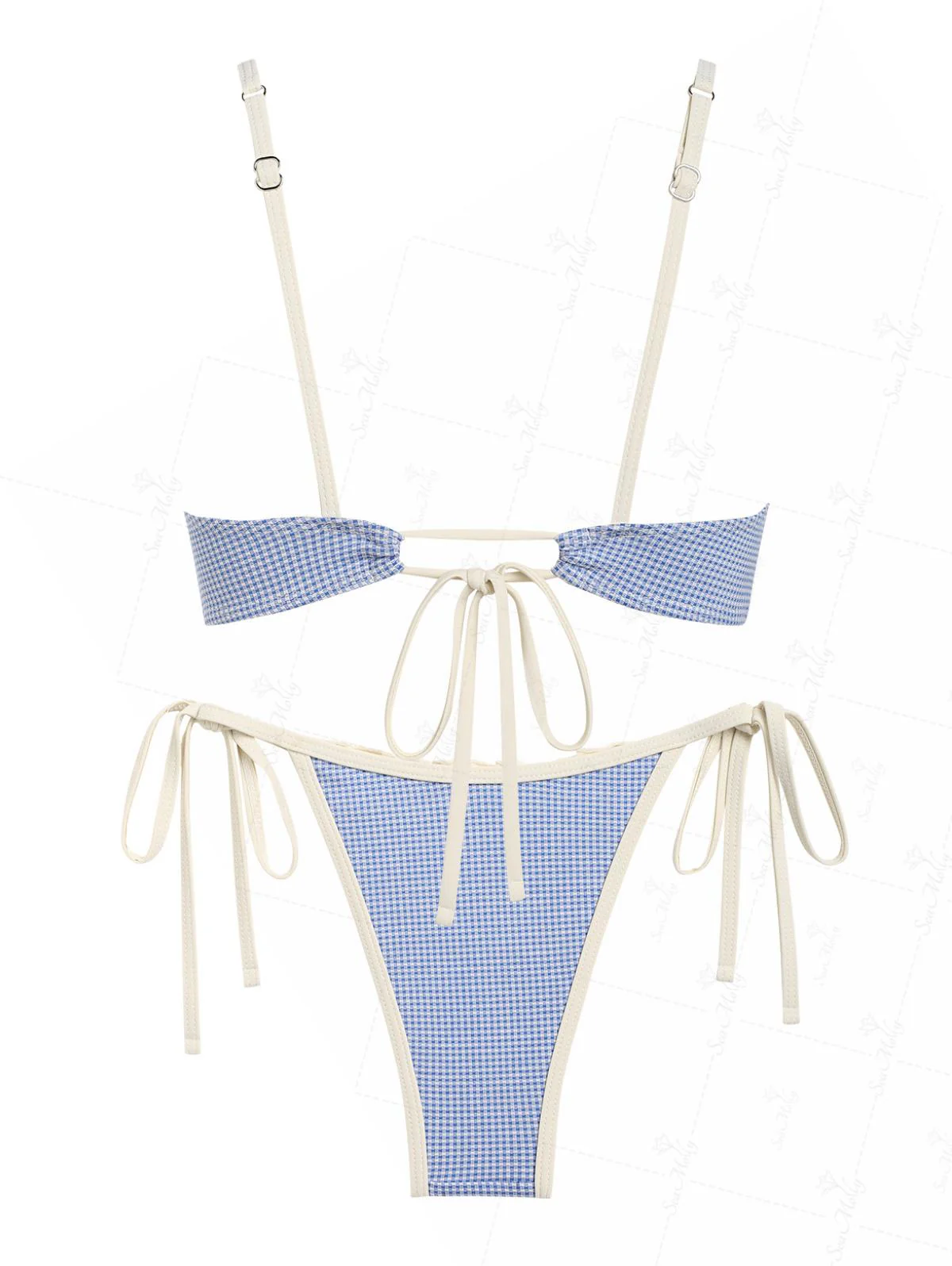 Seamolly Vintage Gingham Spliced Ruched Ruffles Trim Bowknot Decor Tie Side Bikini Set - Image 9