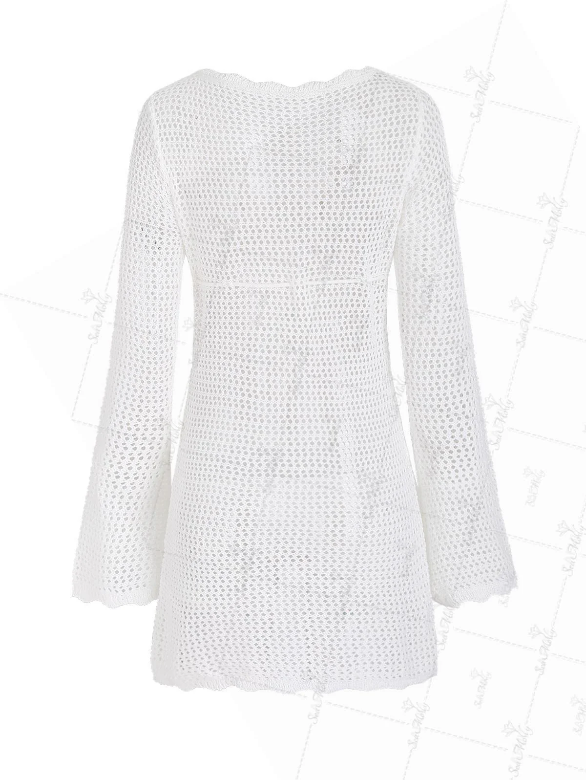 Crochet Openwork Scalloped Front Tied Slit Flyaway Beach Cover Up Top - Image 3