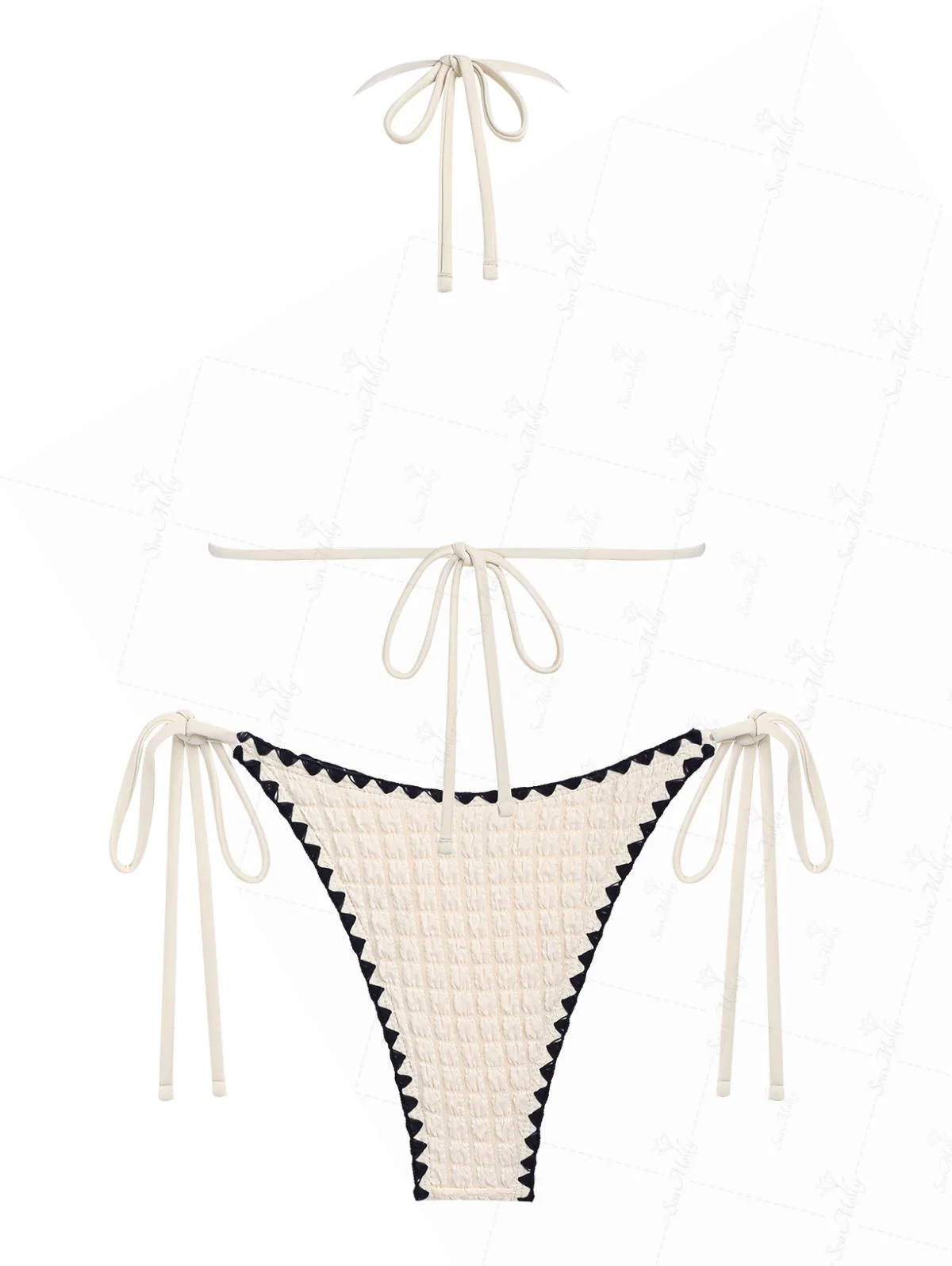Seamolly Contrast Color Textured Whip Stitching Halter Triangle Tie Side Bikini Set - Image 10