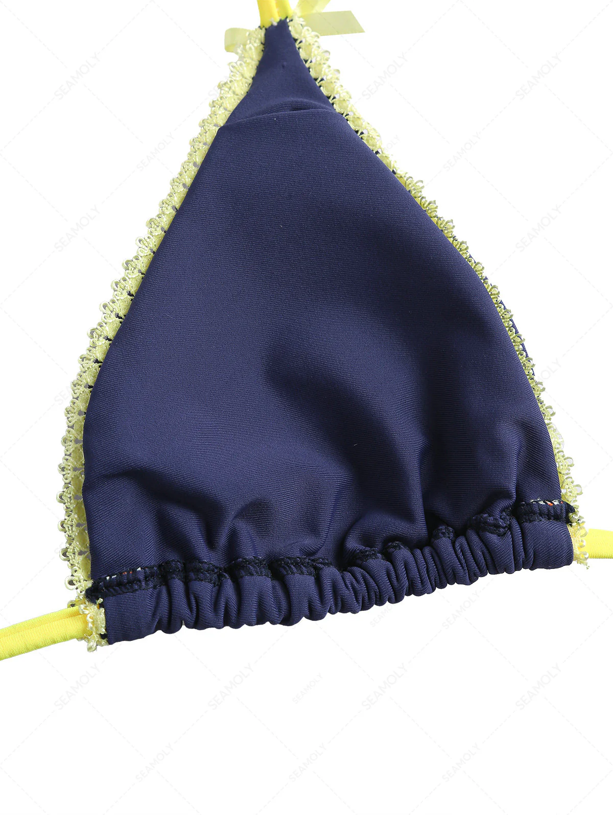 Deep Blue Contrast Lace Bowknot Halter Tied Triangle Bikini Top - Image 3
