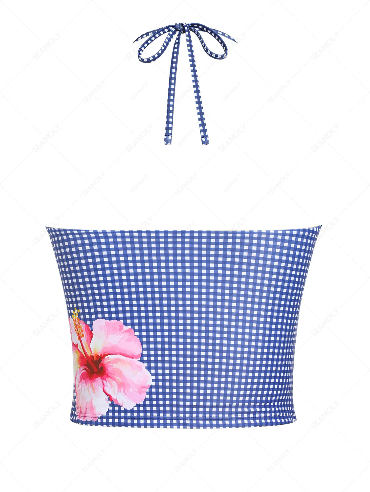 Deep Blue Plaid Hawaii Floral Halter Bikini Tankini Top - Image 9