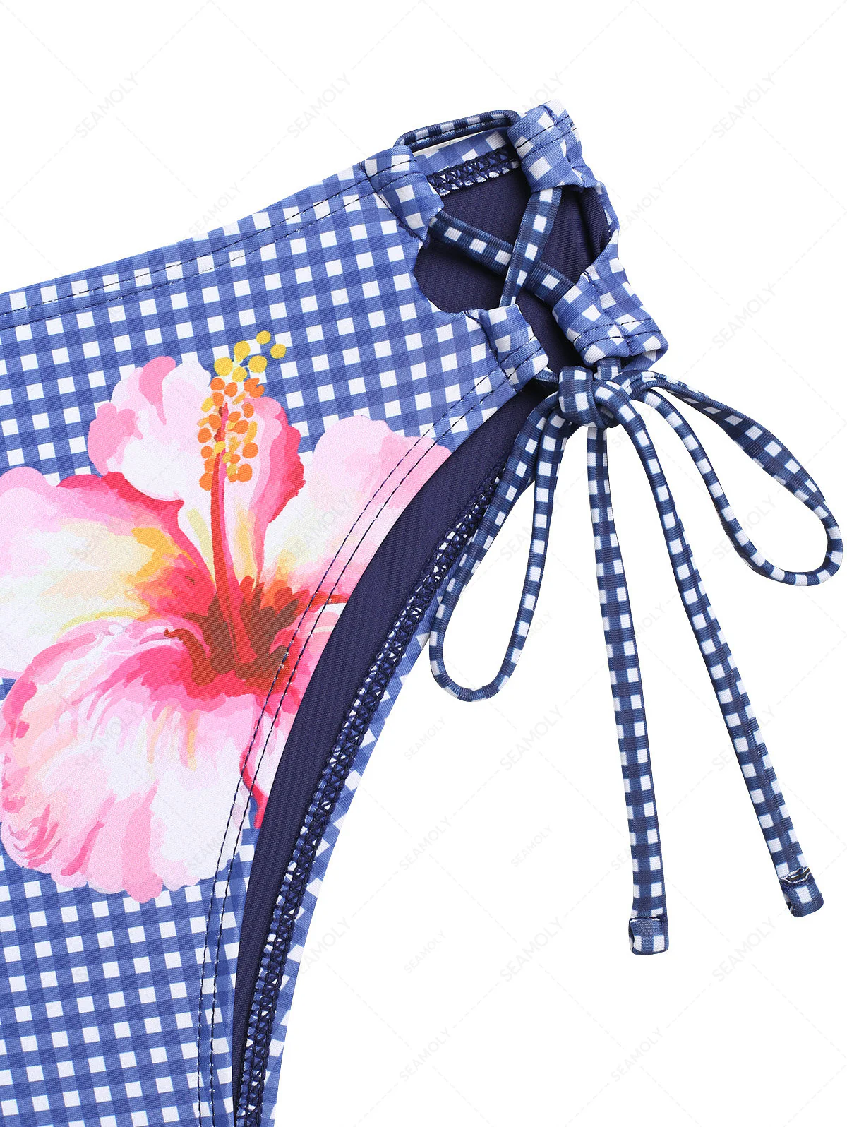Deep Blue Plaid Hawaii Floral Lace Up Side Coverage Bikini Bottom - Image 3