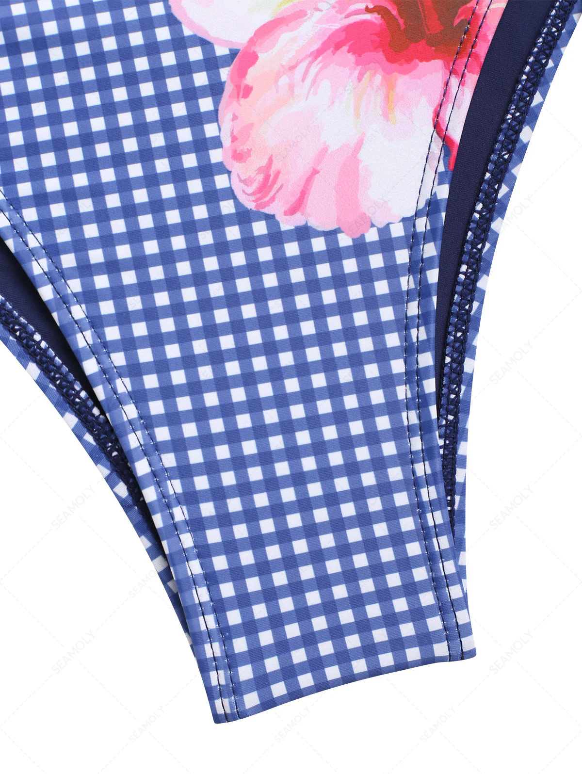 Deep Blue Plaid Hawaii Floral Lace Up Side Coverage Bikini Bottom - Image 4