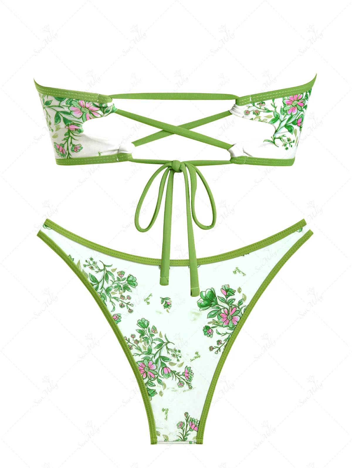 Seamolly Floral Bow Decor Ruched Lace Up Bandeau Bikini Set - Image 5