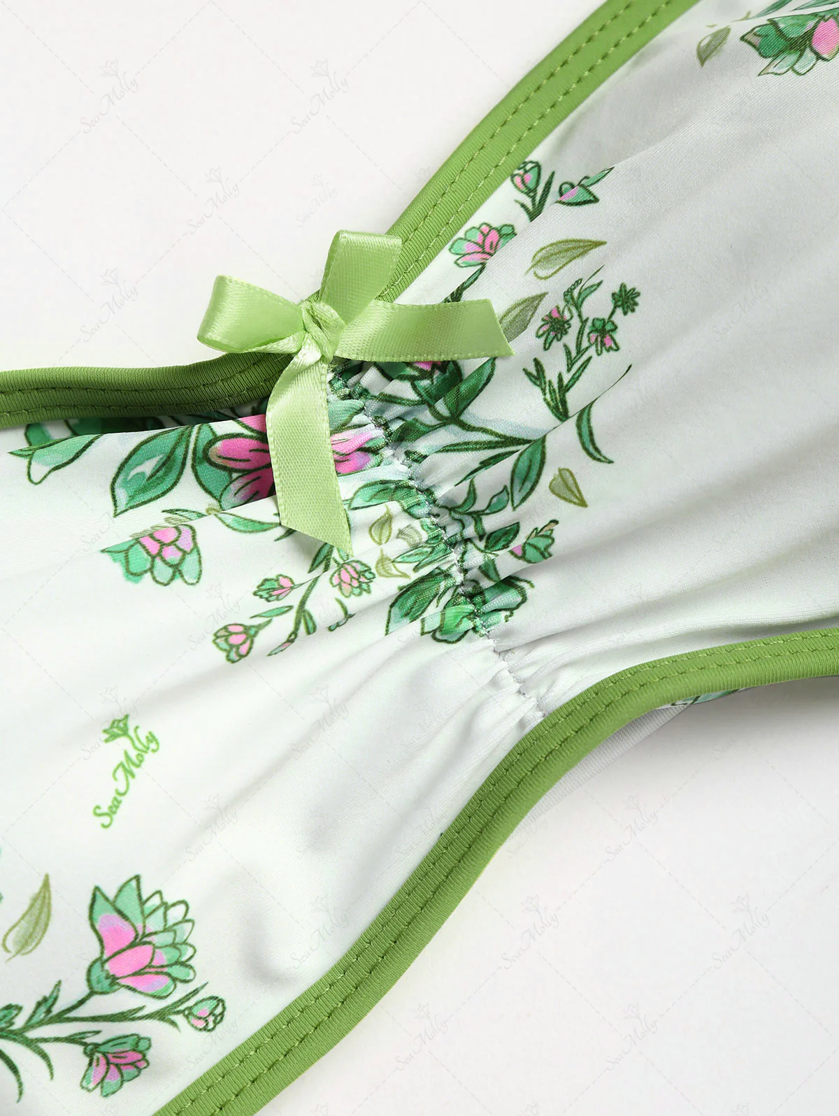 Seamolly Floral Bow Decor Ruched Lace Up Bandeau Bikini Set - Image 6