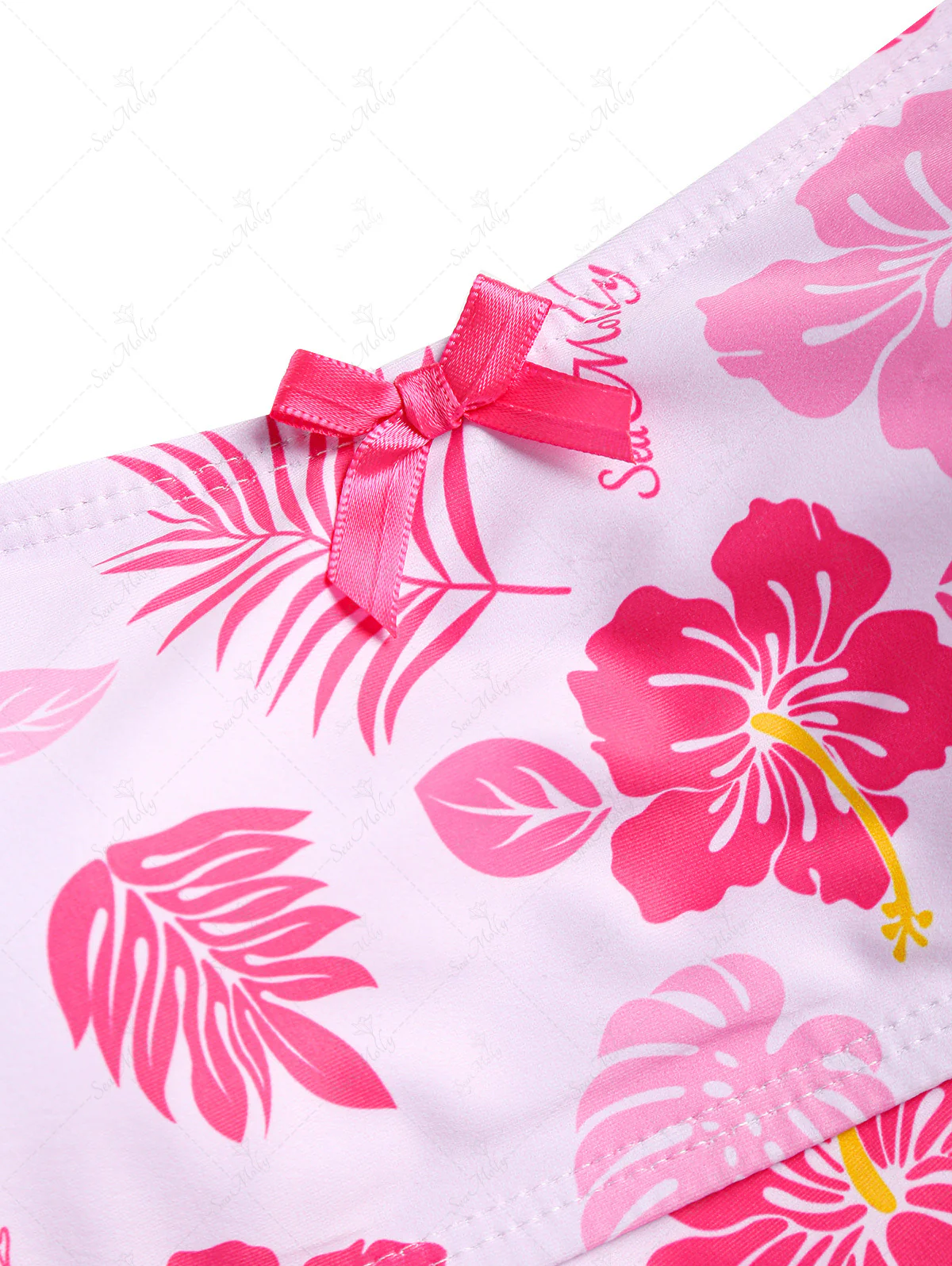 Seamolly Pink Hawaii Style Floral Leaves Bow Decor Tie Side Tankini Set - Image 3