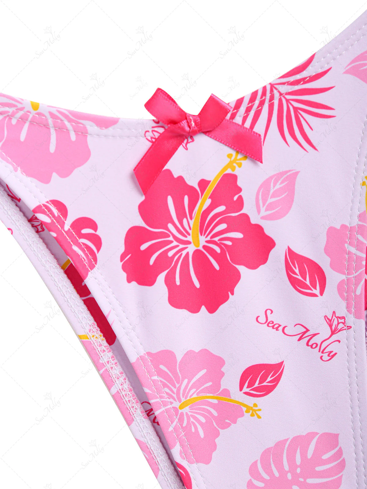 Seamolly Pink Hawaii Style Floral Leaves Bow Decor Tie Side Tankini Set - Image 4