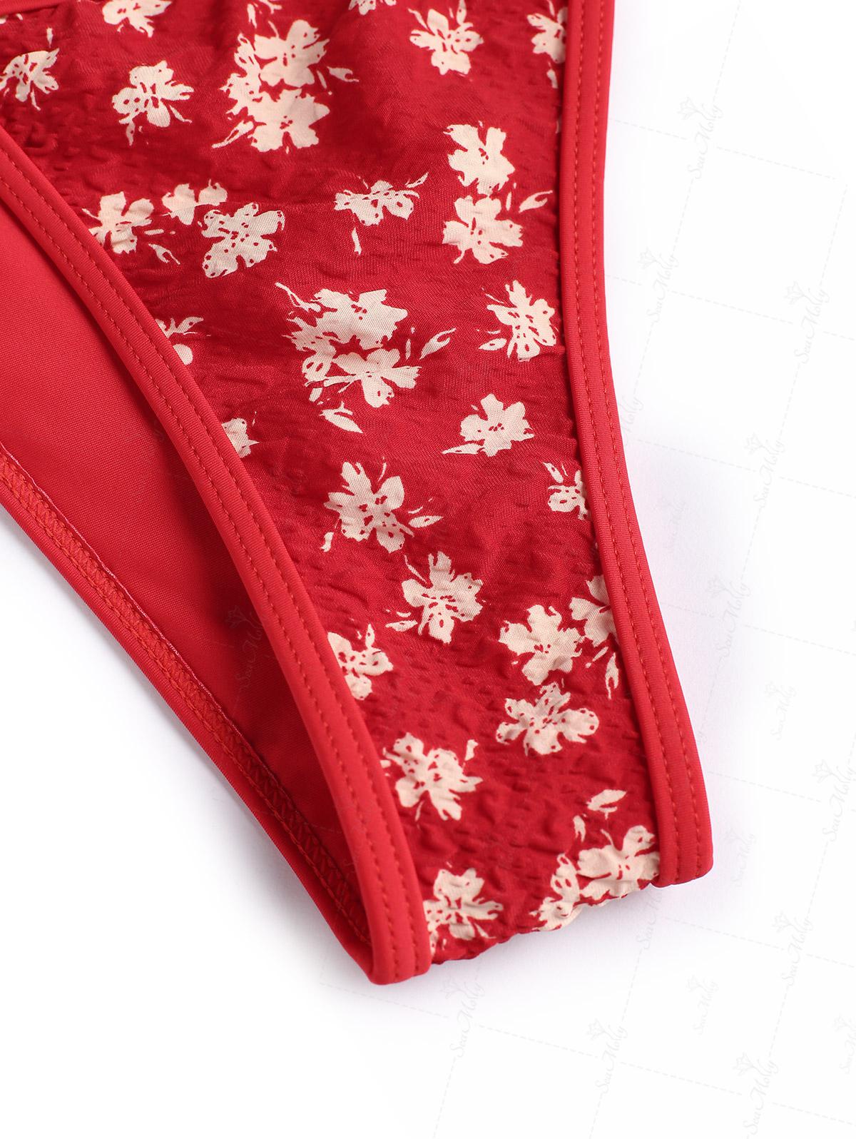 Seamolly Hawaii Style Floral Print Bowknot Decor Halter Tied Back Tie Side Tankini Set - Image 10