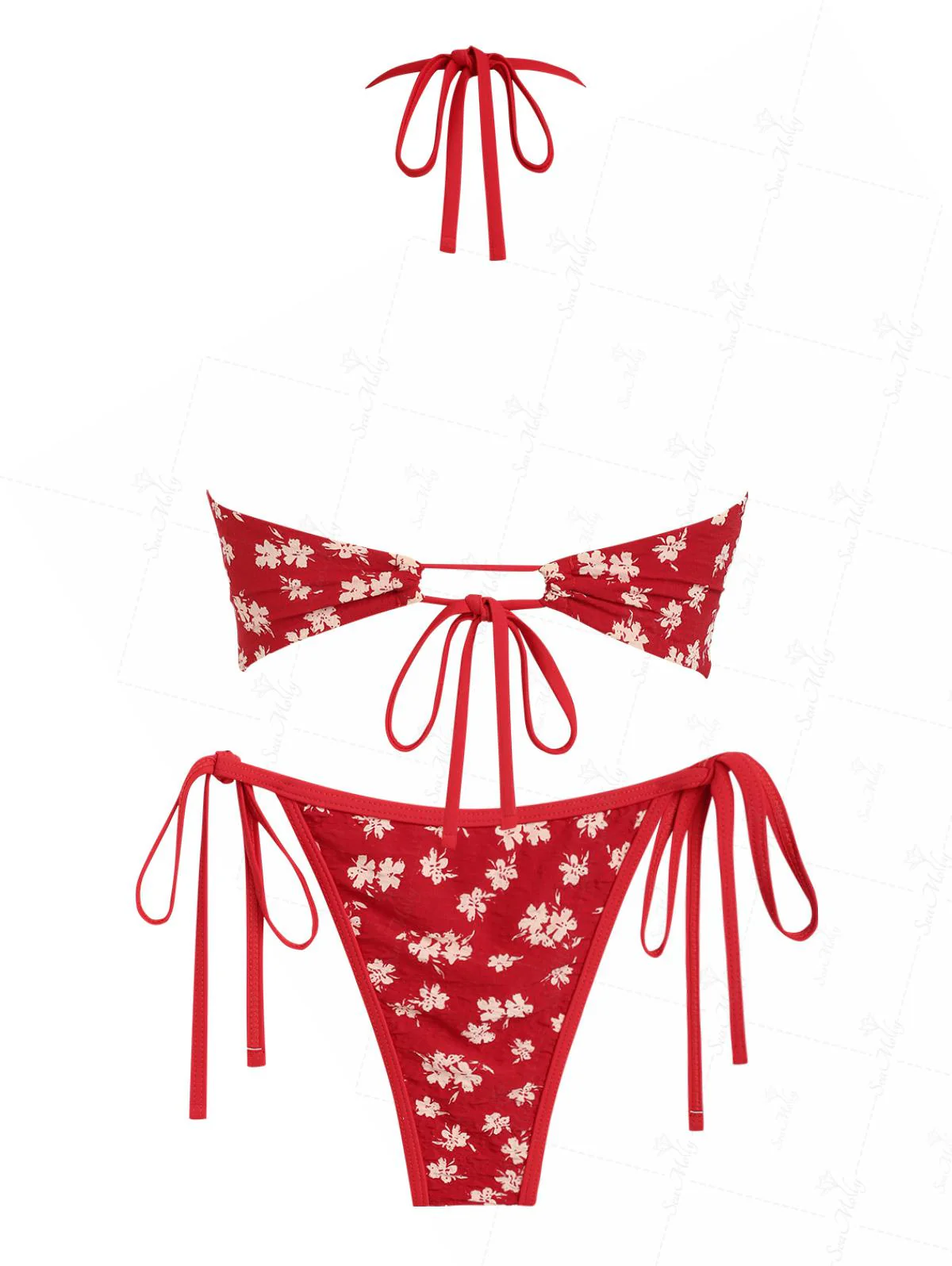 Seamolly Hawaii Style Floral Print Bowknot Decor Halter Tied Back Tie Side Tankini Set - Image 8