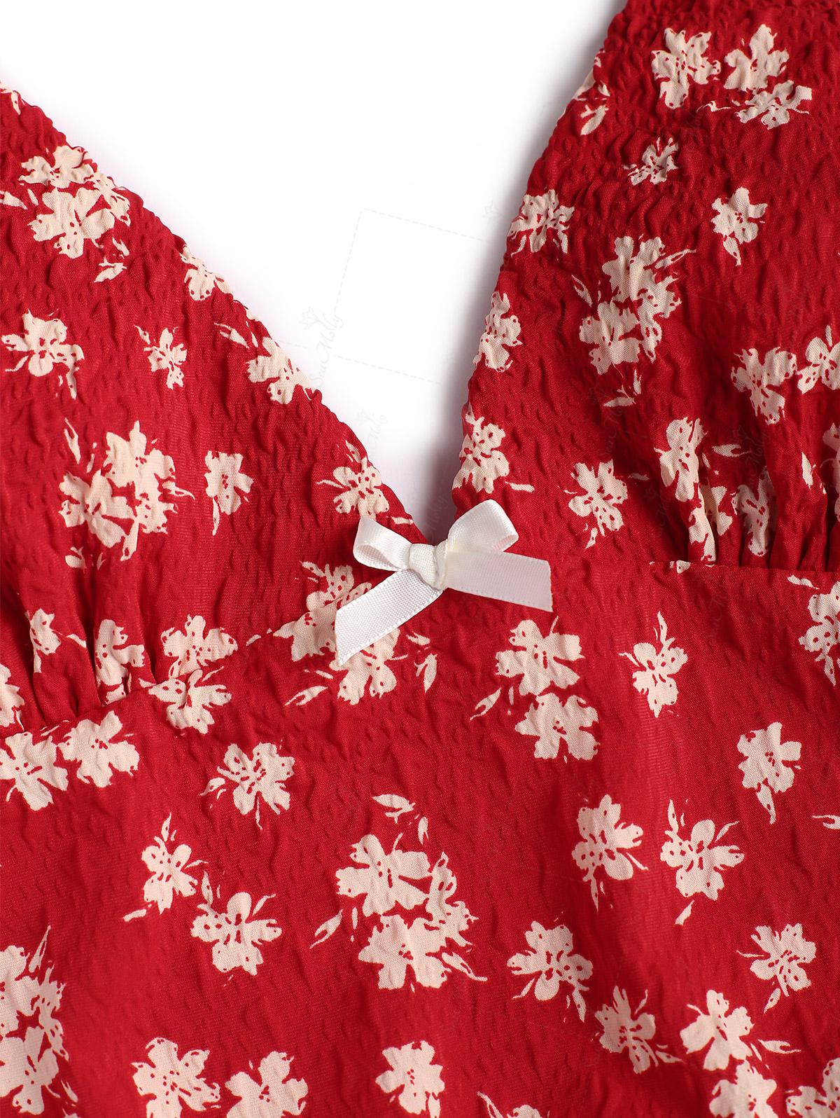 Seamolly Hawaii Style Floral Print Bowknot Decor Halter Tied Back Tie Side Tankini Set - Image 9