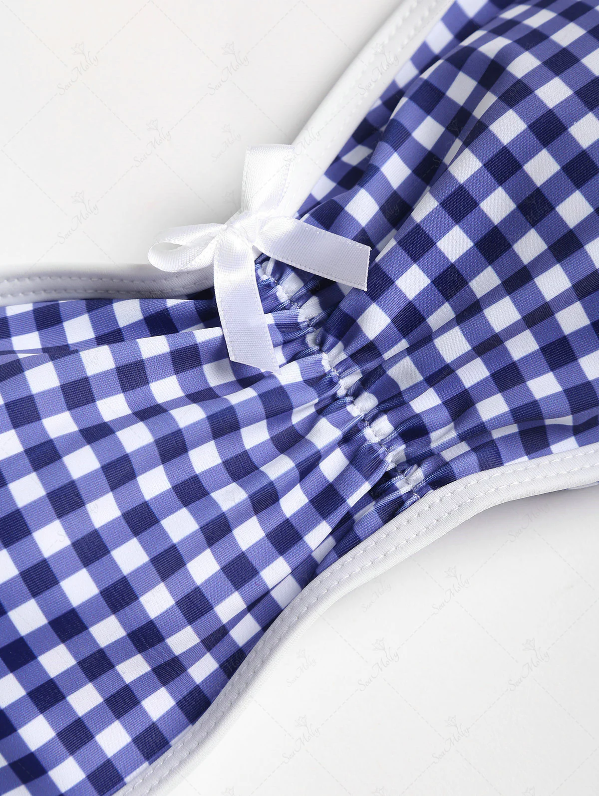 Seamolly Vintage Blue Gingham Bow Decor Ruched Lace Up Bandeau Bikini Set - Image 4