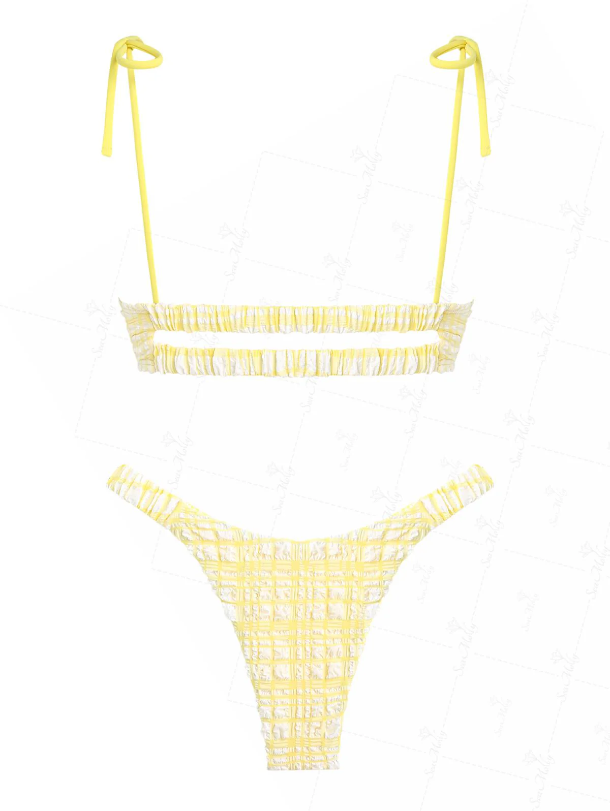 Seamolly Gingham Contrast Color Tied Shoulder High Leg Bikini Set - Image 10