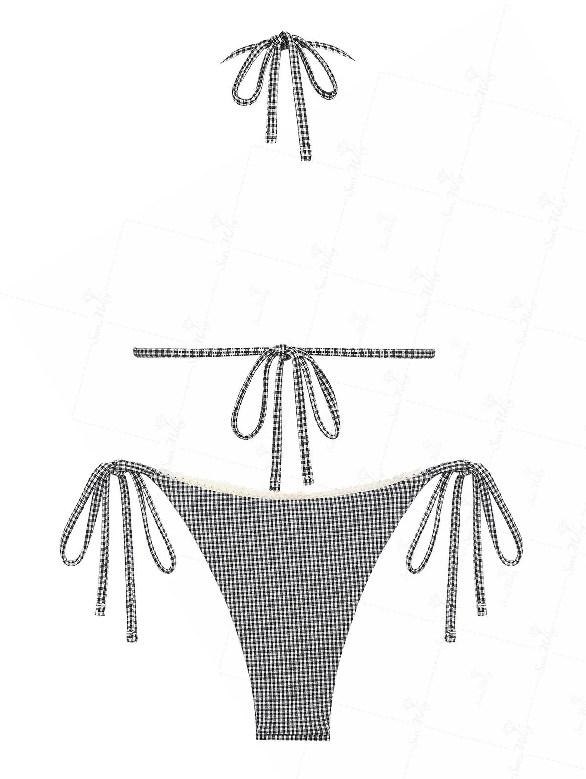 Seamolly Vintage Gingham Lace Trim Bowknot Decor Halter Triangle Tie Side Bikini Set - Image 11