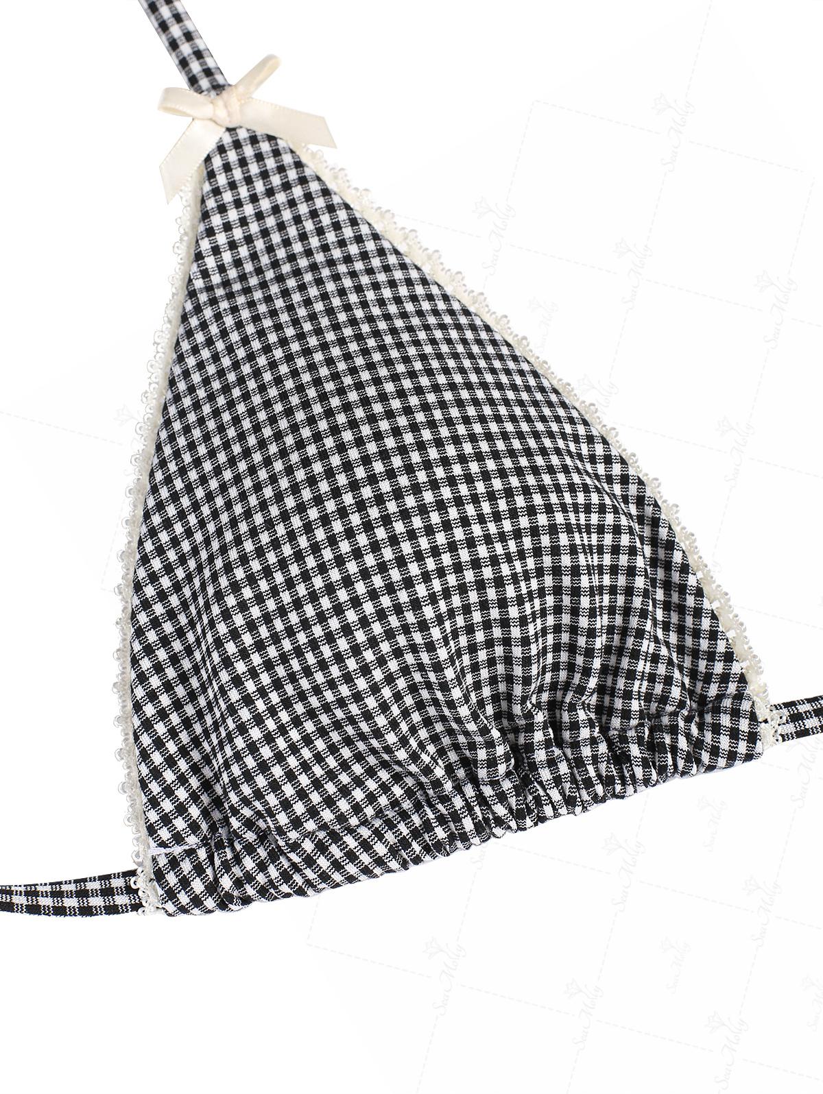 Seamolly Vintage Gingham Lace Trim Bowknot Decor Halter Triangle Tie Side Bikini Set - Image 12