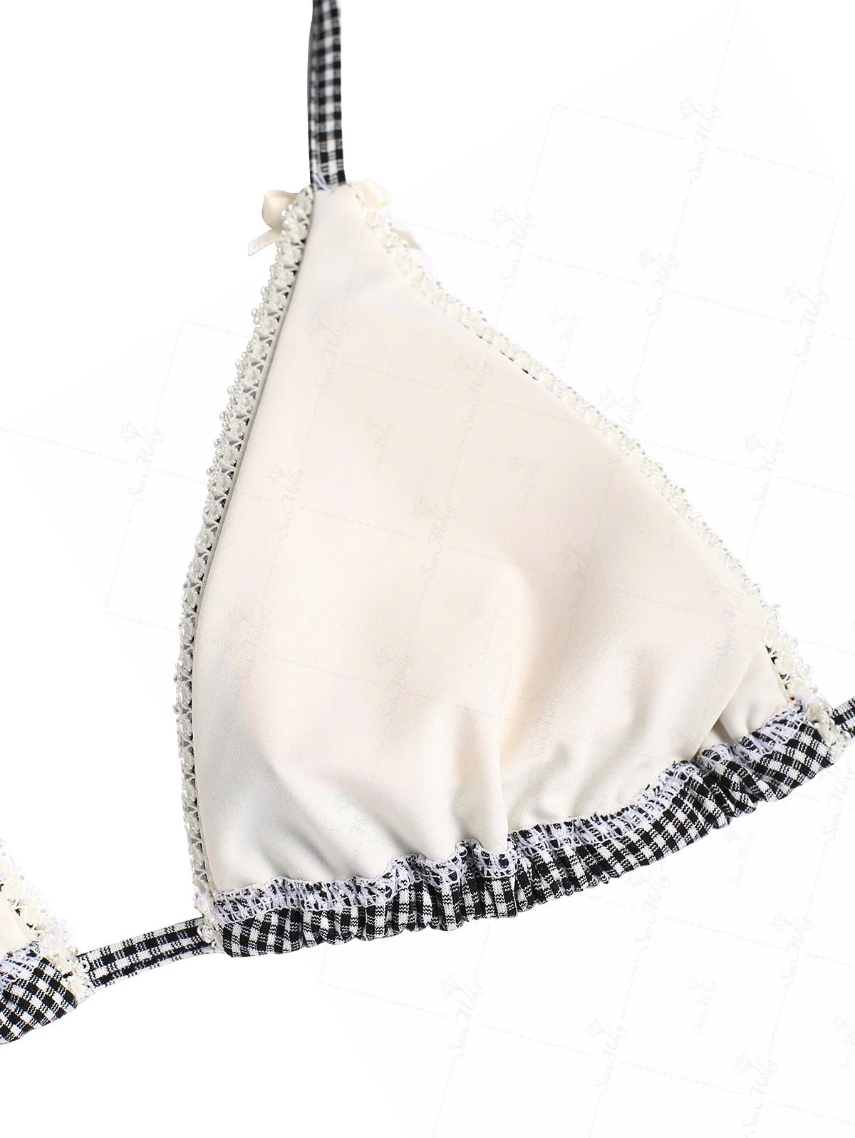 Seamolly Vintage Gingham Lace Trim Bowknot Decor Halter Triangle Tie Side Bikini Set - Image 13