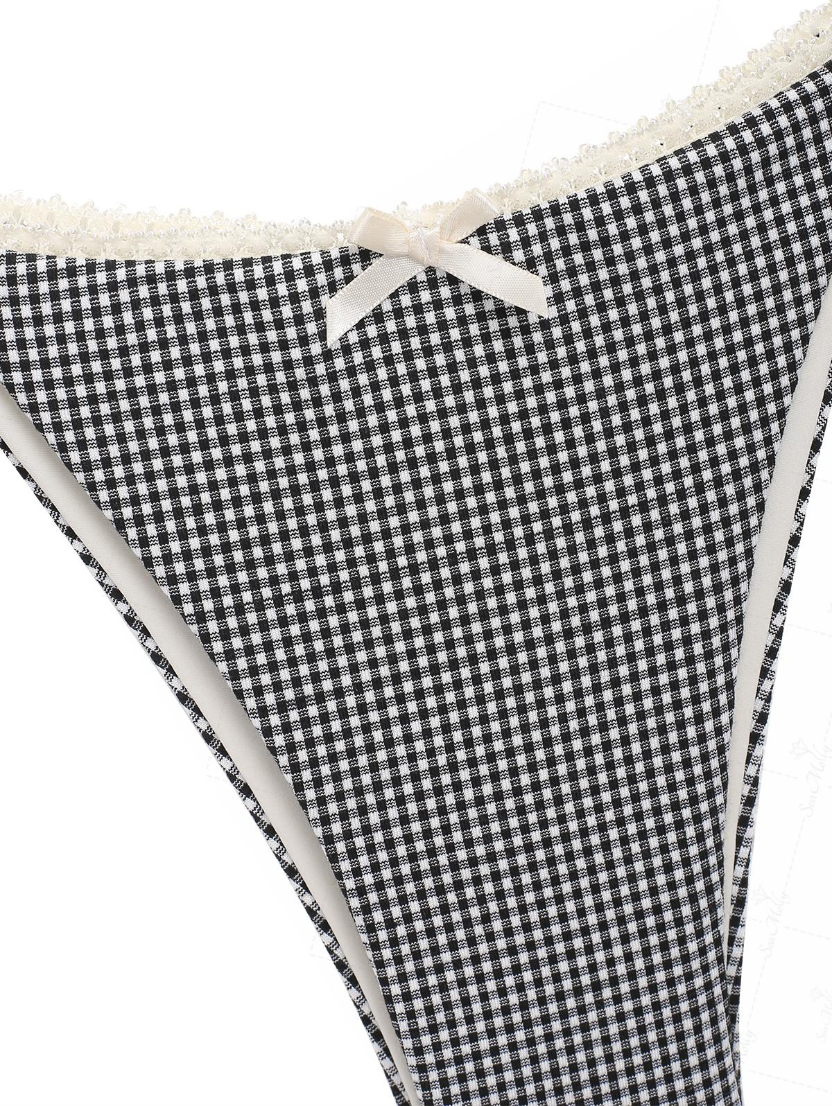 Seamolly Vintage Gingham Lace Trim Bowknot Decor Halter Triangle Tie Side Bikini Set - Image 14