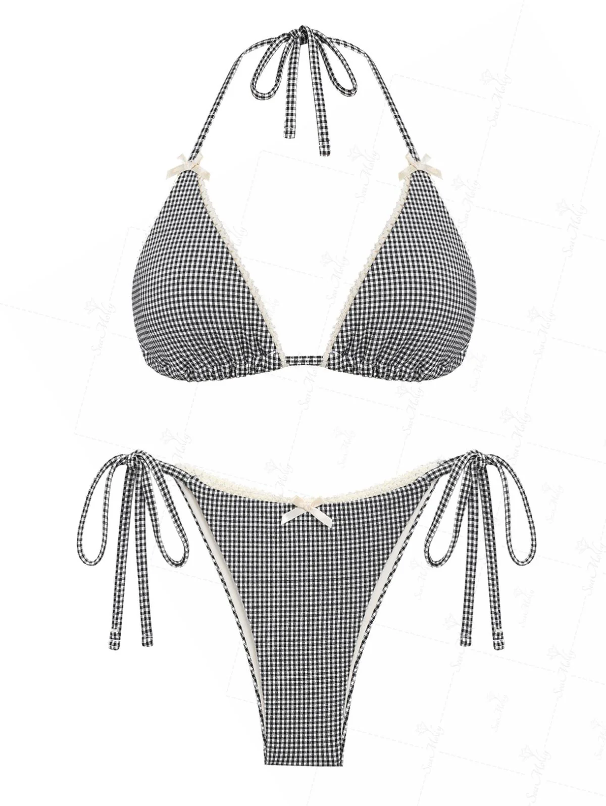Seamolly Vintage Gingham Lace Trim Bowknot Decor Halter Triangle Tie Side Bikini Set - Image 2