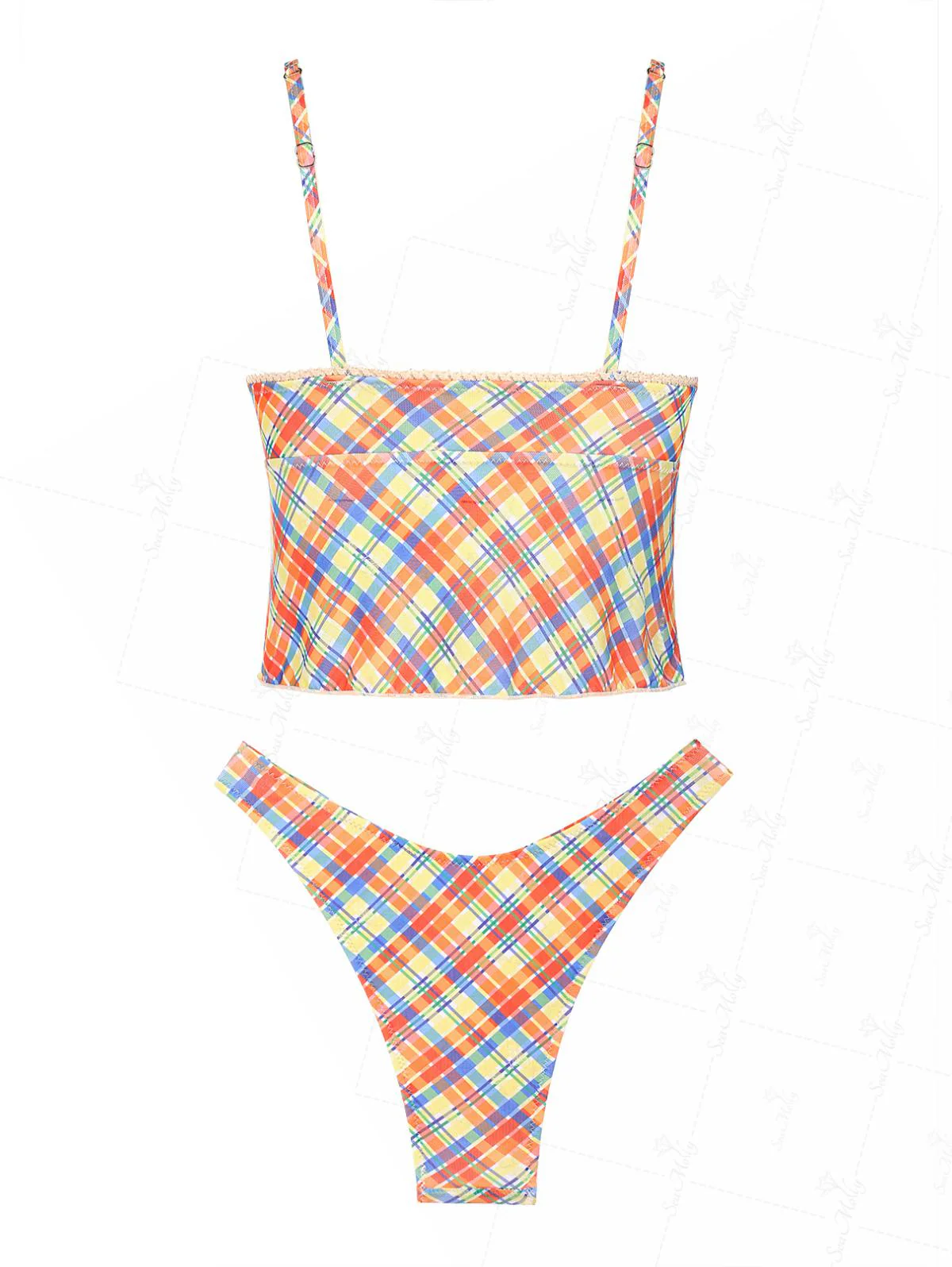 Seamolly Gingham Lace Trim Bowknot Decor Tankini Set - Image 9