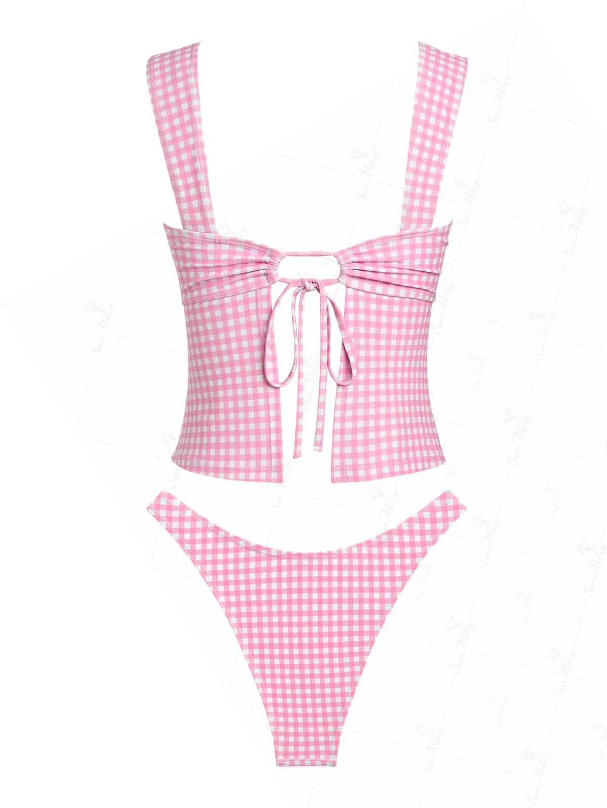Seamolly Gingham Ruched Bowknot Decor Cinched Back Tankini Set - Image 4
