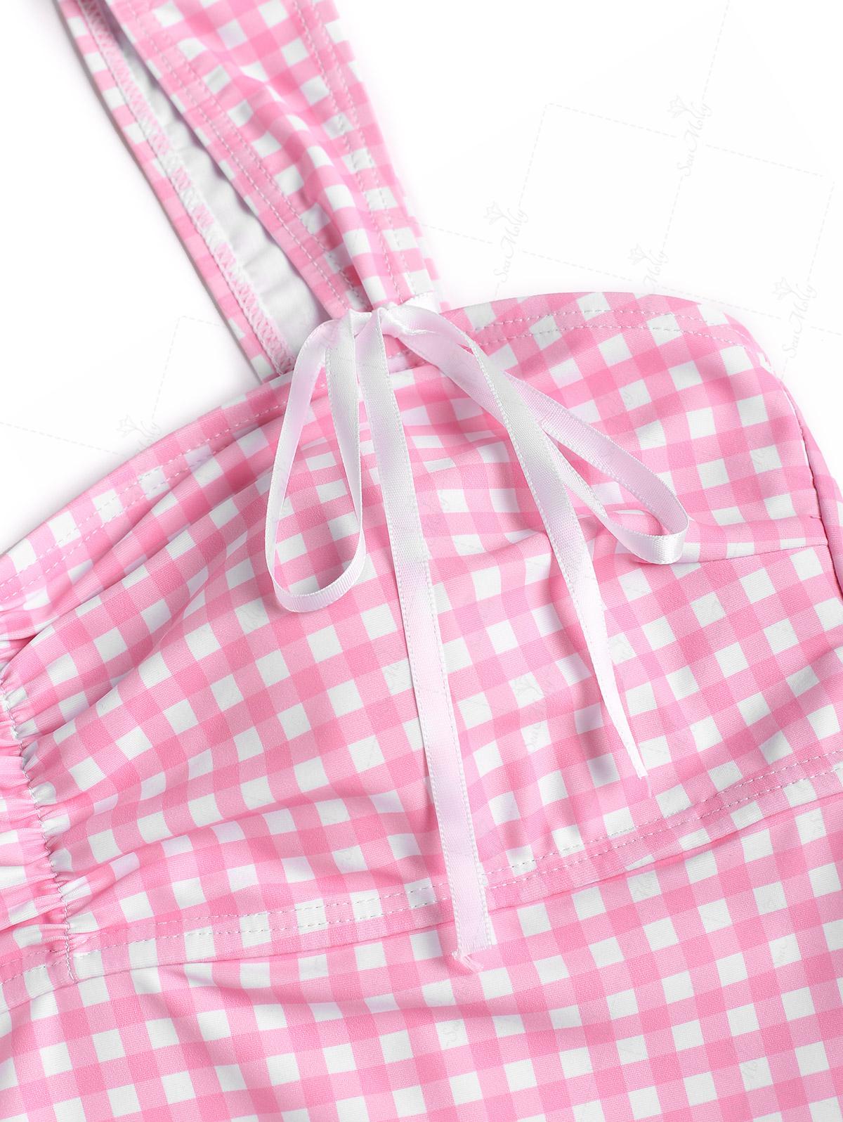 Seamolly Gingham Ruched Bowknot Decor Cinched Back Tankini Set - Image 5