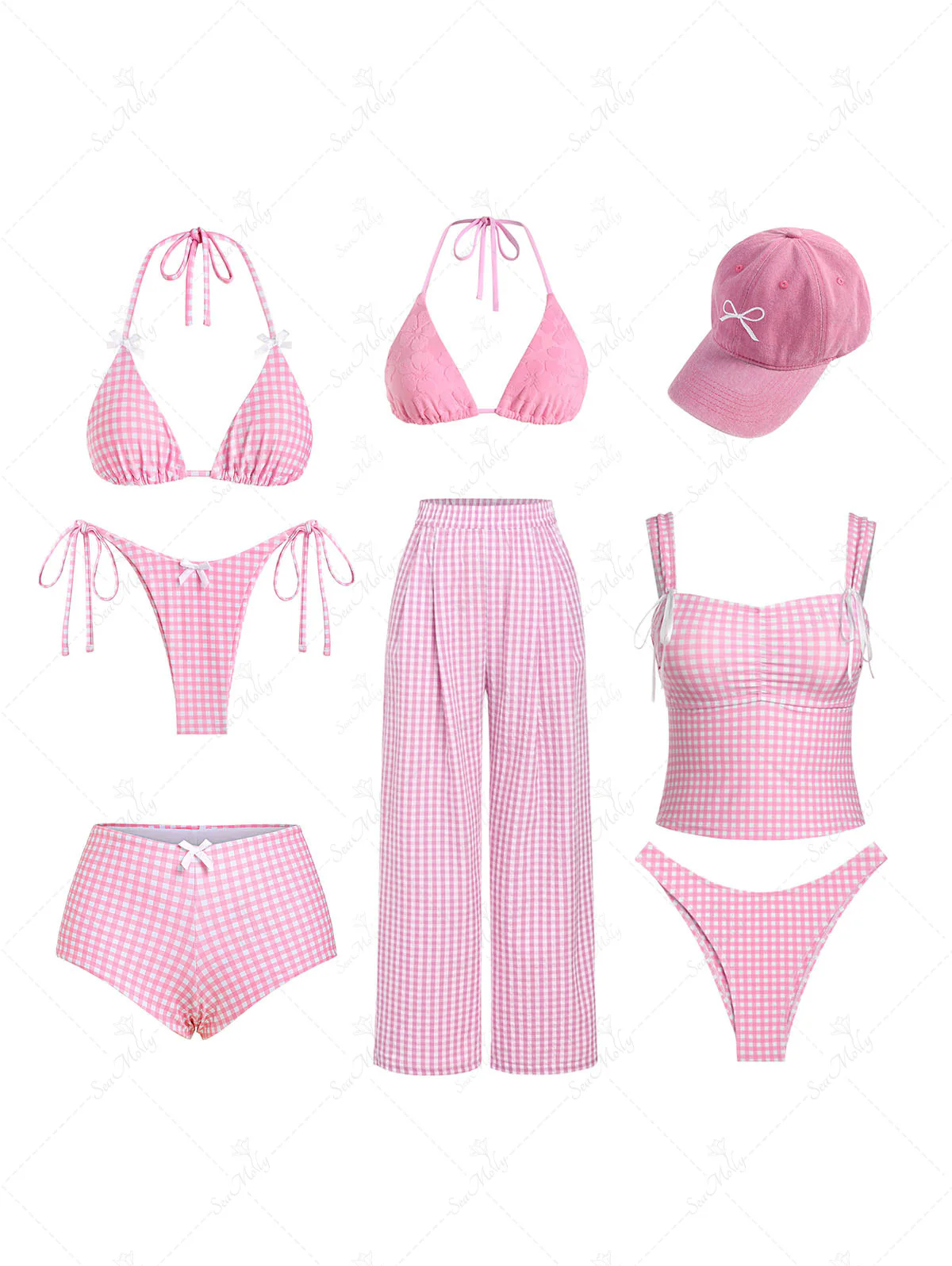 Seamolly Gingham Ruched Bowknot Decor Cinched Back Tankini Set - Image 7