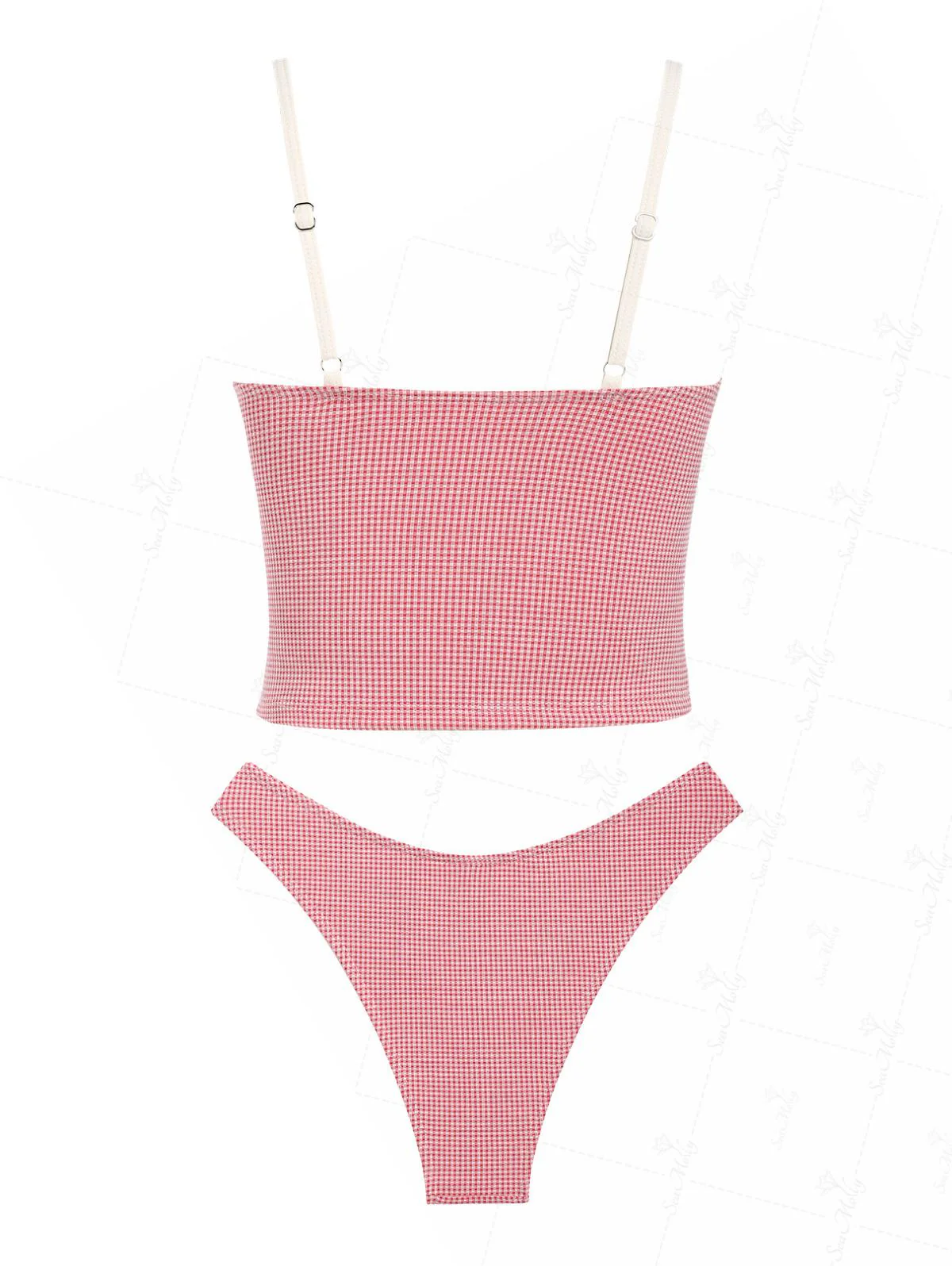 Seamolly Gingham Spliced Ruched Ruffles Bowknot Decor Cheeky Tankini Set - Image 3