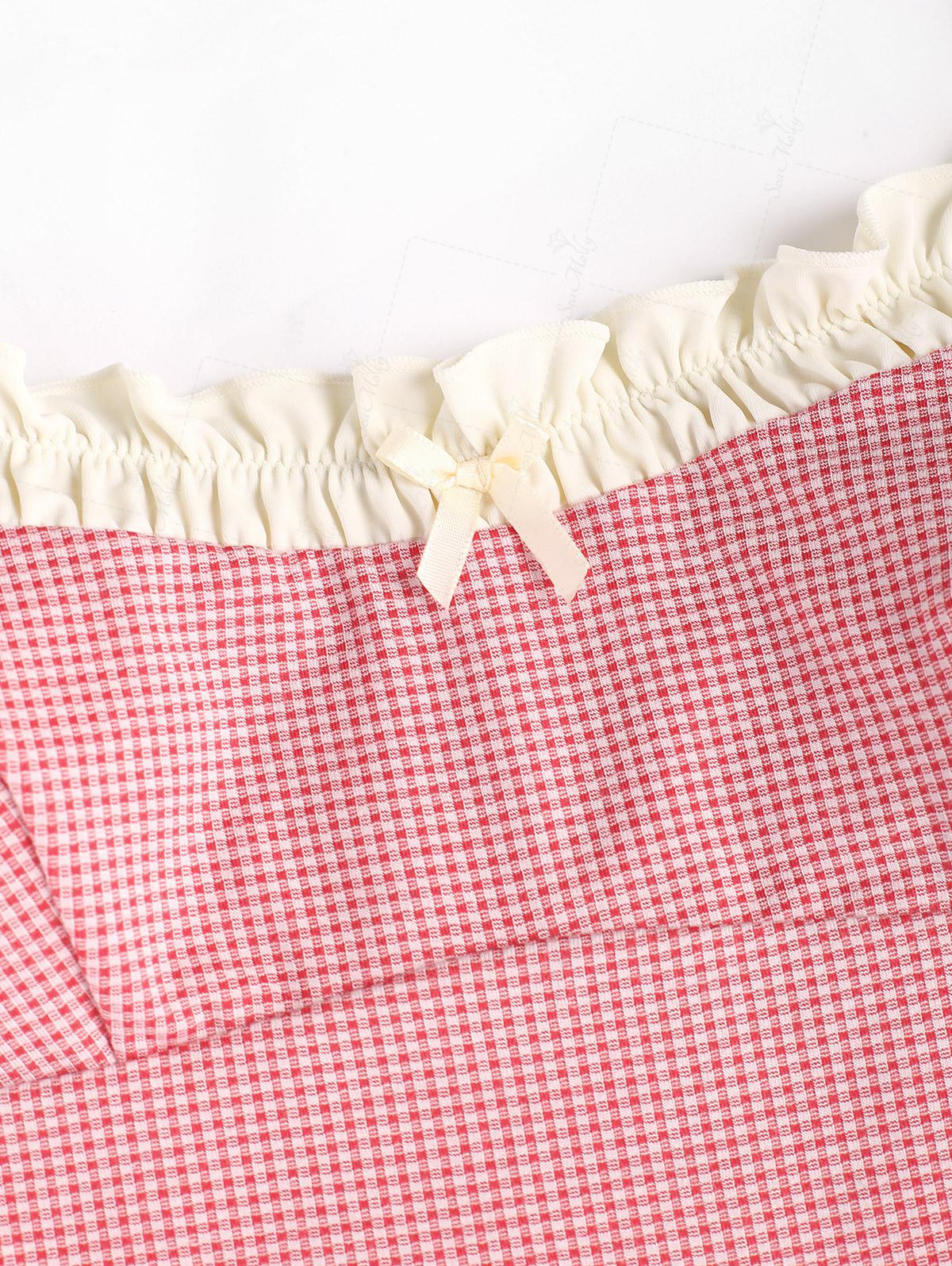 Seamolly Gingham Spliced Ruched Ruffles Bowknot Decor Cheeky Tankini Set - Image 4