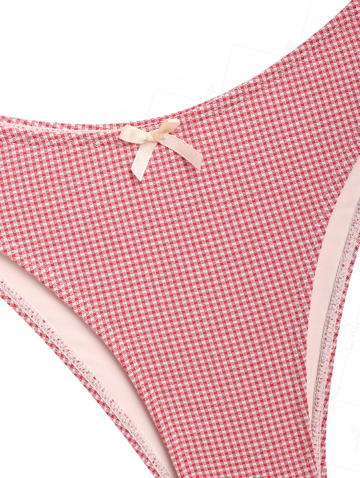 Seamolly Gingham Spliced Ruched Ruffles Bowknot Decor Cheeky Tankini Set - Image 5