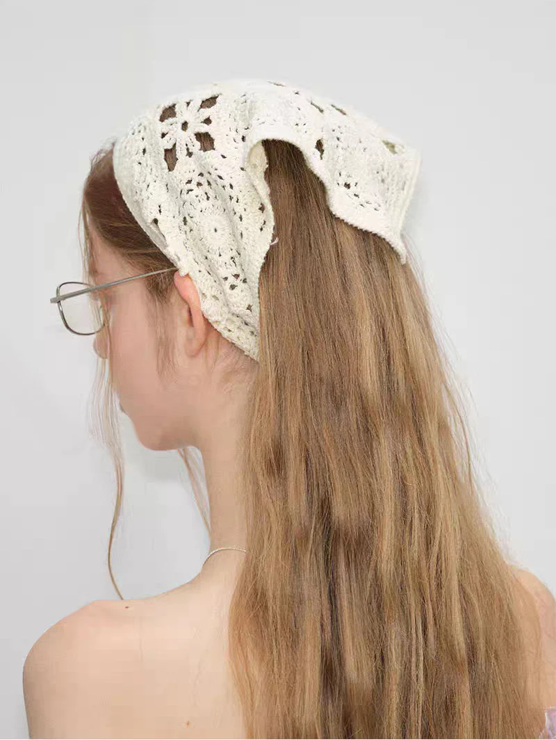 Vintage Handmade Crochet Knitted Bandana Triangle Kerchief Headband Hair Scarf - Image 3