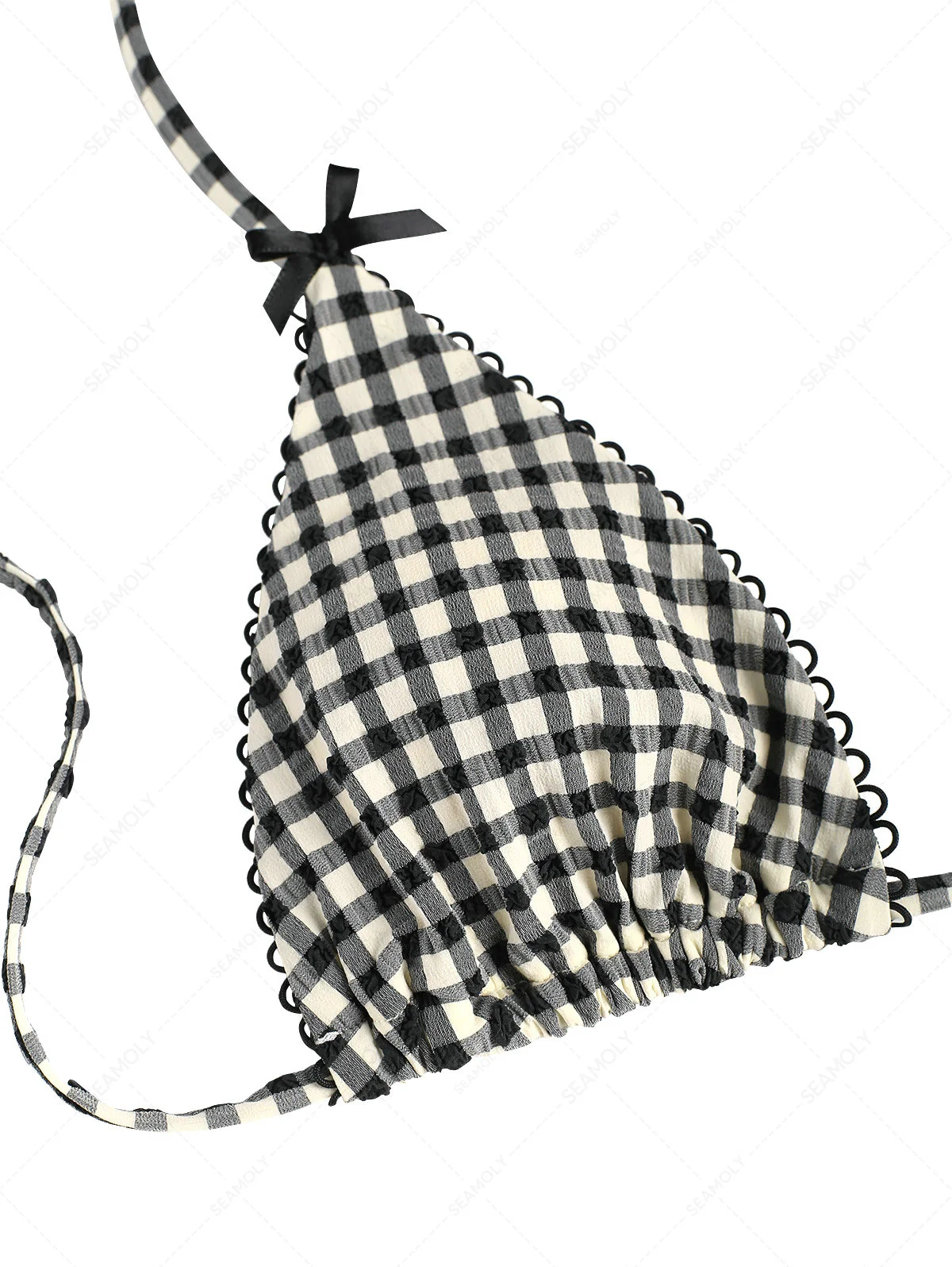 Vintage Black Plaid Picot Bowknot Halter Triangle Bikini Top - Image 3