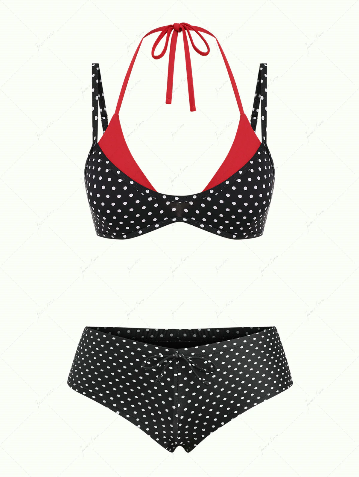 Black Polka Dot Print Double Layer Top & Cheeky Boyshorts Bikini Set