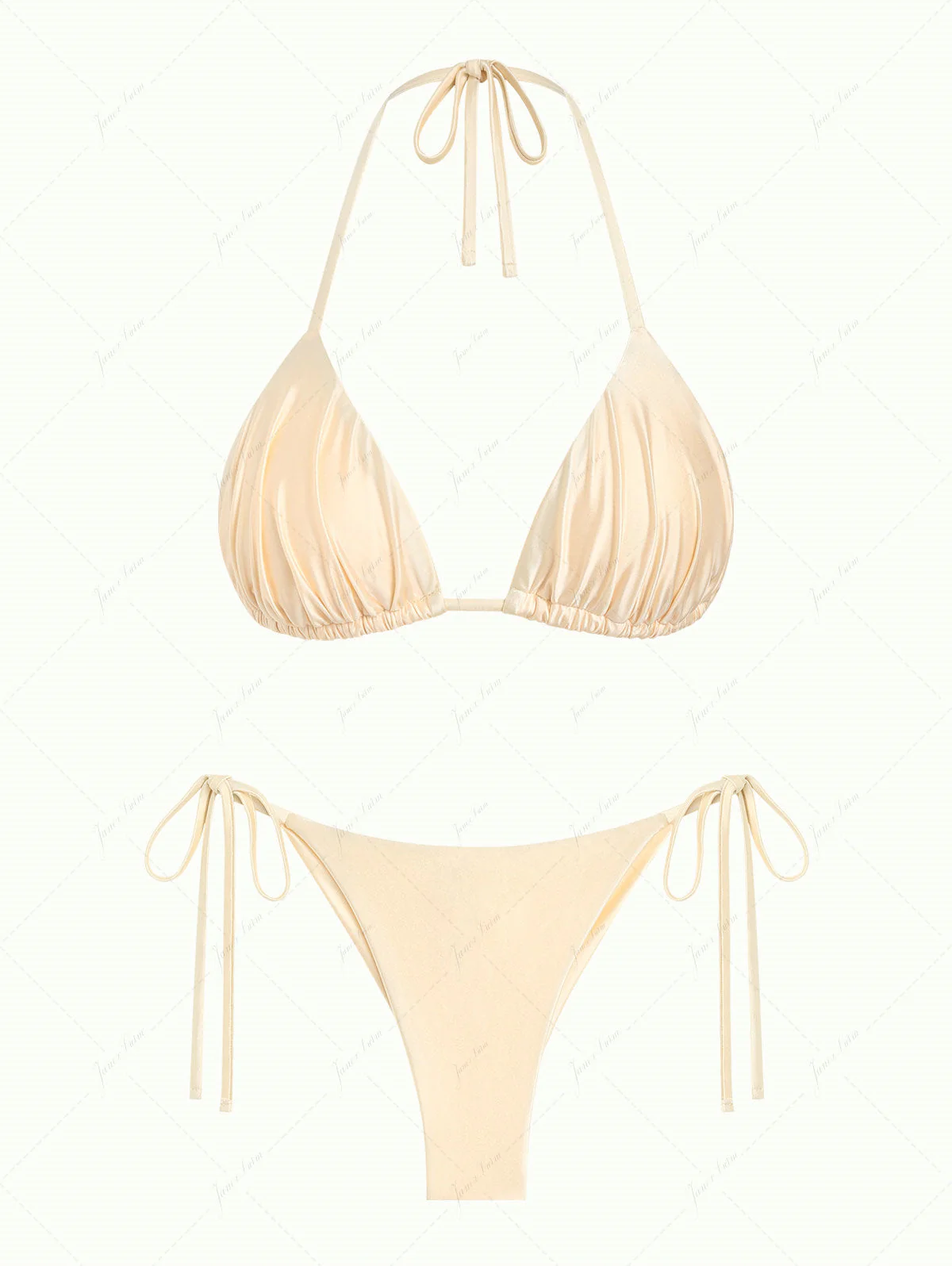 Champagne Satin Ruched Triangle Top & String Cheeky Brazilian Bottom Bikini Set