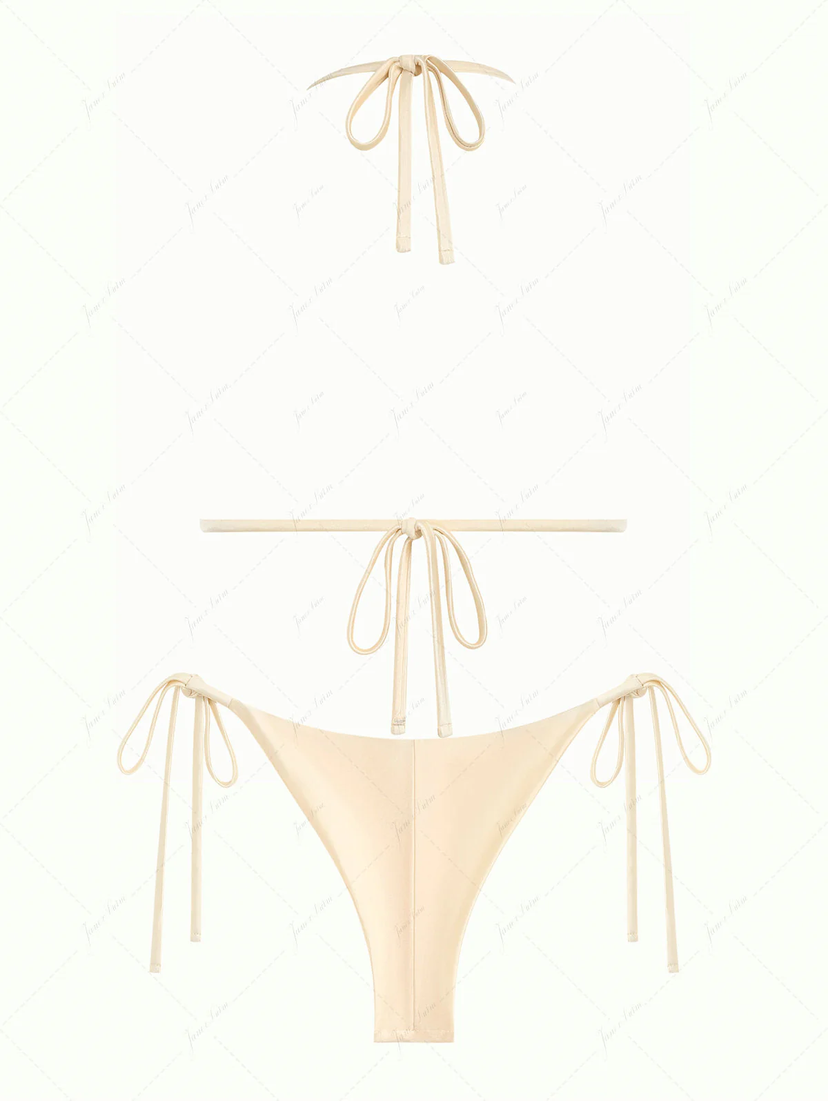 Champagne Satin Ruched Triangle Top & String Cheeky Brazilian Bottom Bikini Set - Image 2