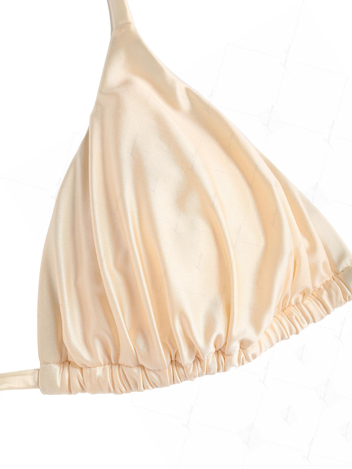 Champagne Satin Ruched Triangle Top & String Cheeky Brazilian Bottom Bikini Set - Image 3