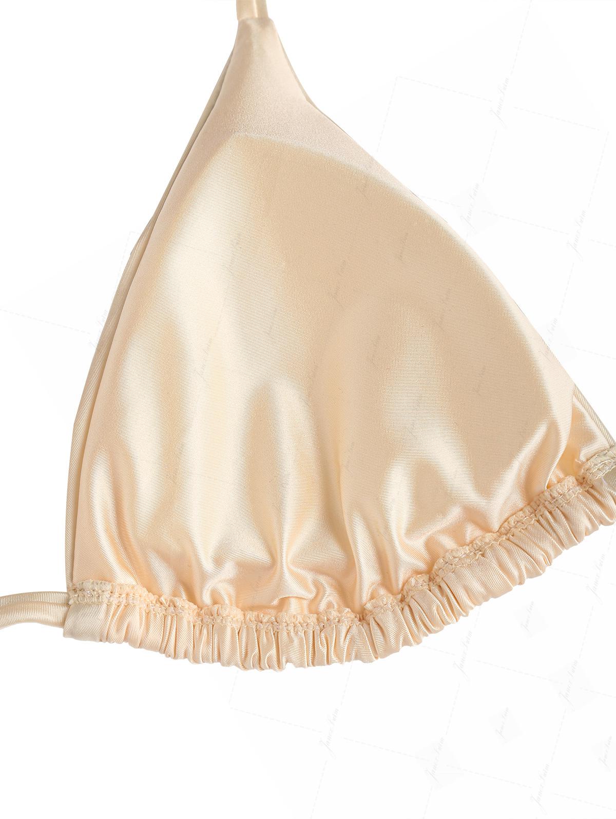 Champagne Satin Ruched Triangle Top & String Cheeky Brazilian Bottom Bikini Set - Image 4