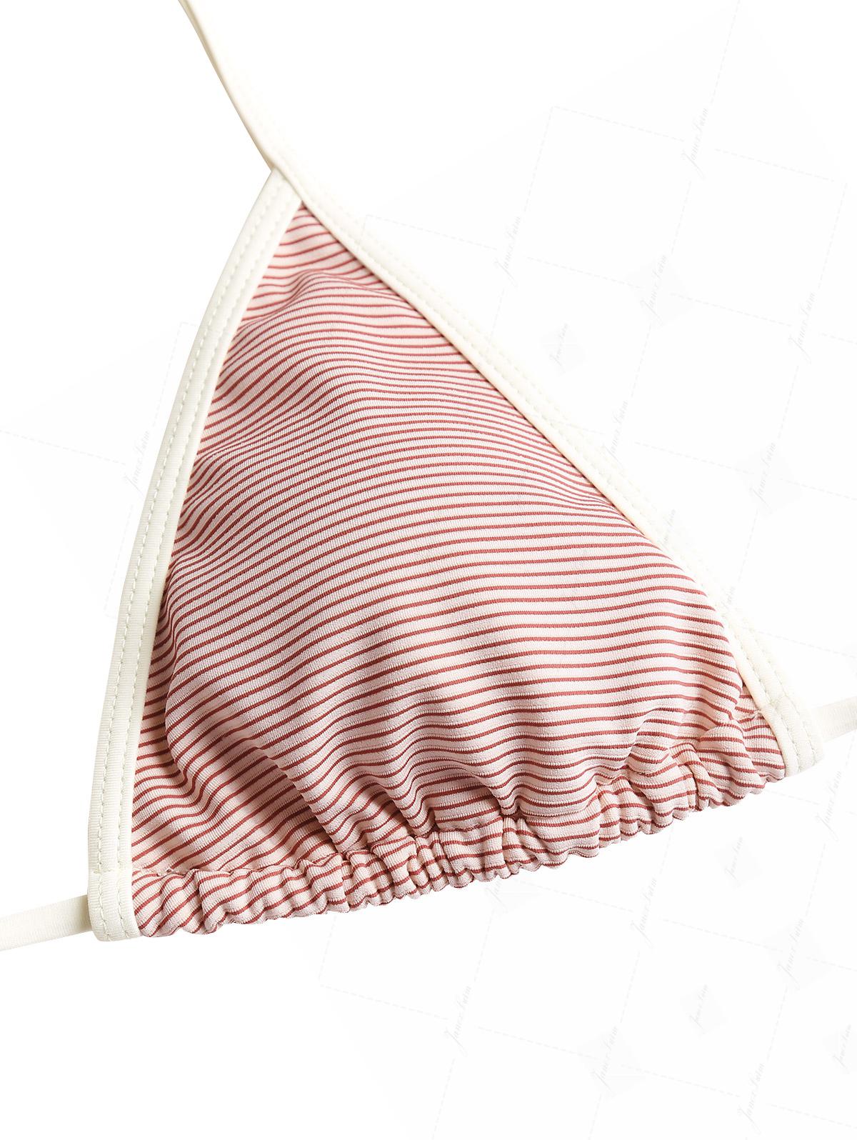Cherry Red Striped Contrast Binding Halter Triangle Bikini Top - Image 6
