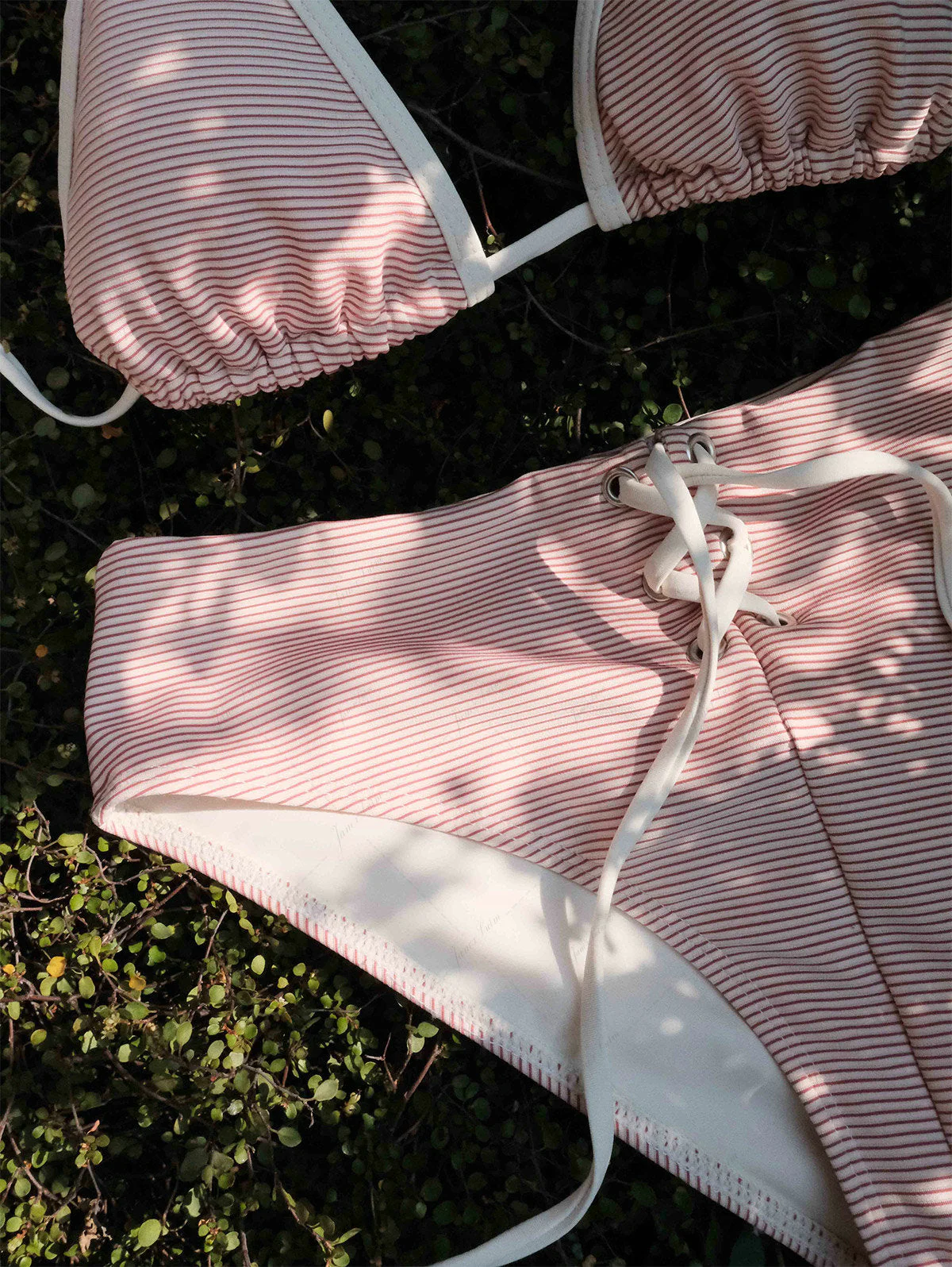 Cherry Red Striped Grommet Lace Up Bikini Bottom - Image 3