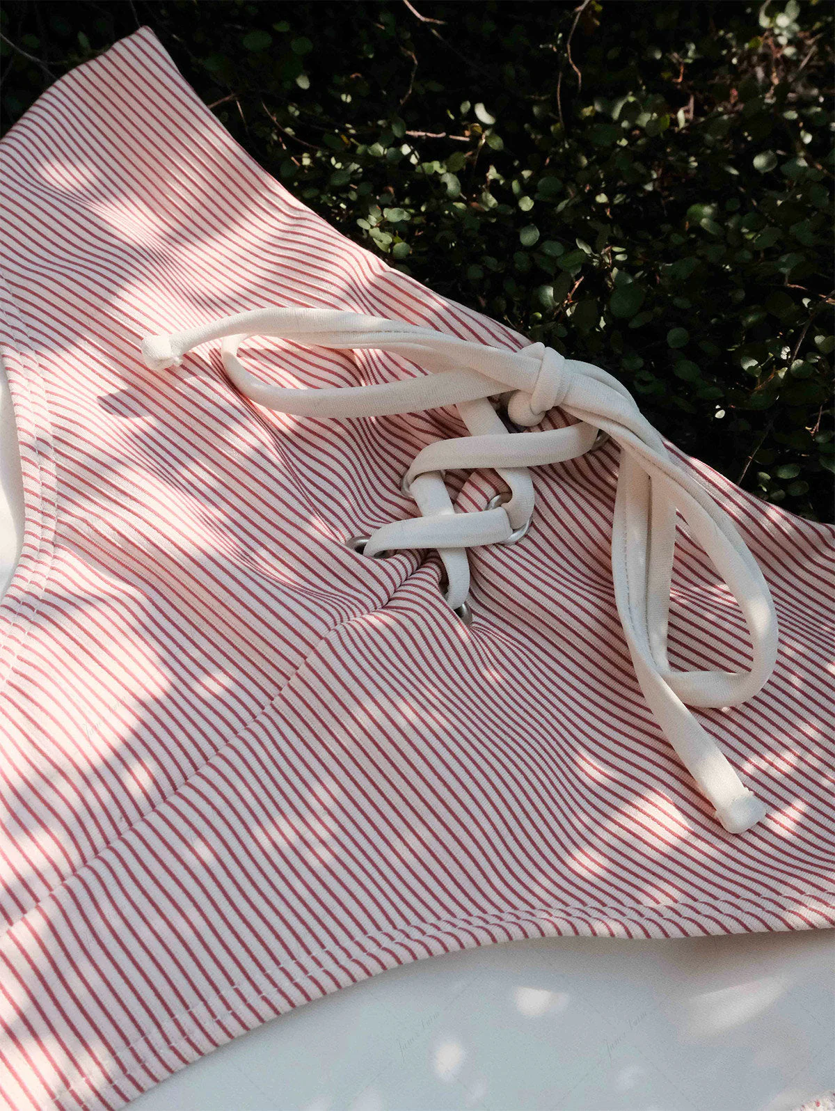 Cherry Red Striped Grommet Lace Up Bikini Bottom - Image 4
