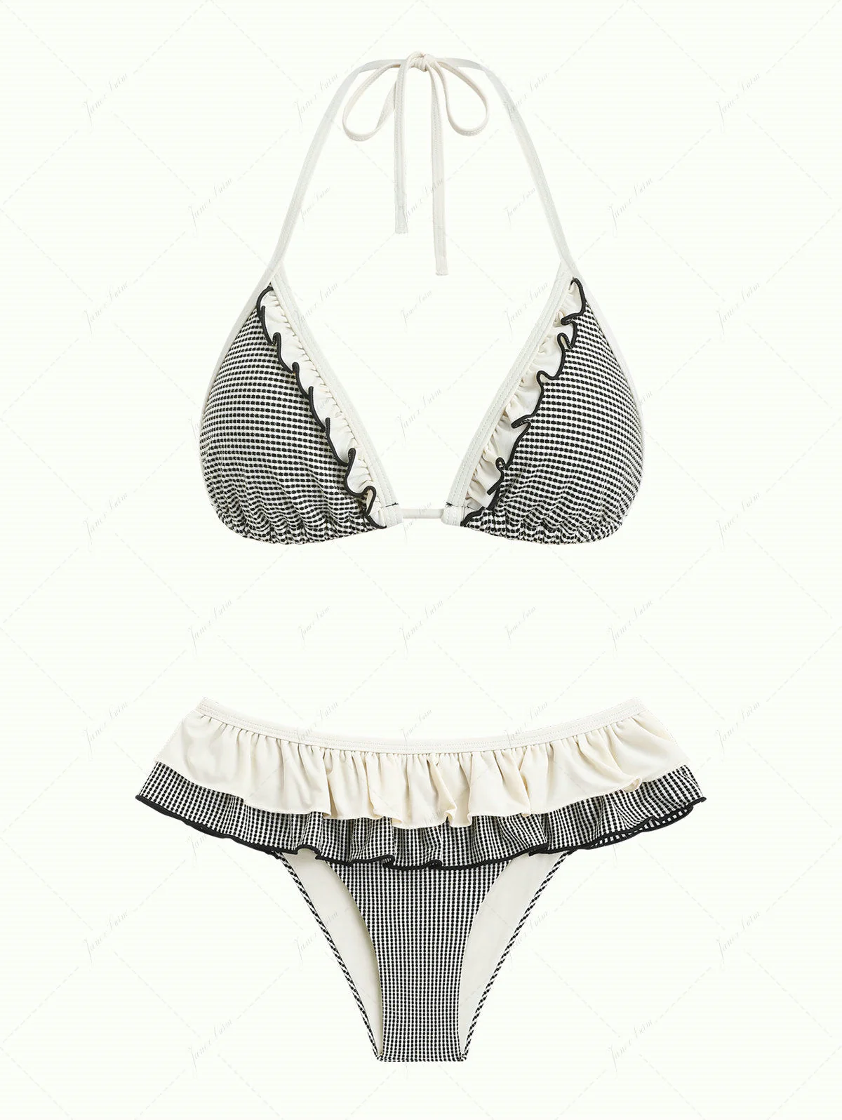 Crystal Cream Metallic Gold Yarn Knitted Fabric Ruffles Skirtini Bikini Set