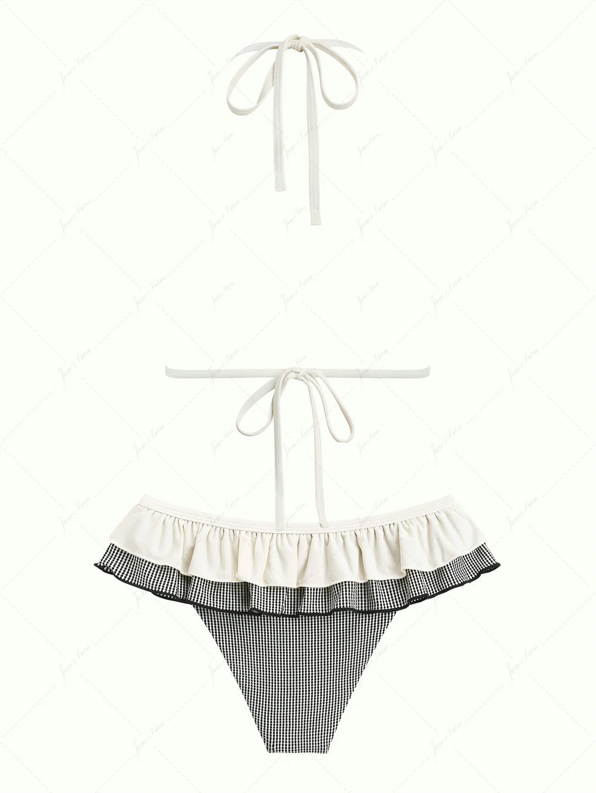 Crystal Cream Metallic Gold Yarn Knitted Fabric Ruffles Skirtini Bikini Set - Image 2