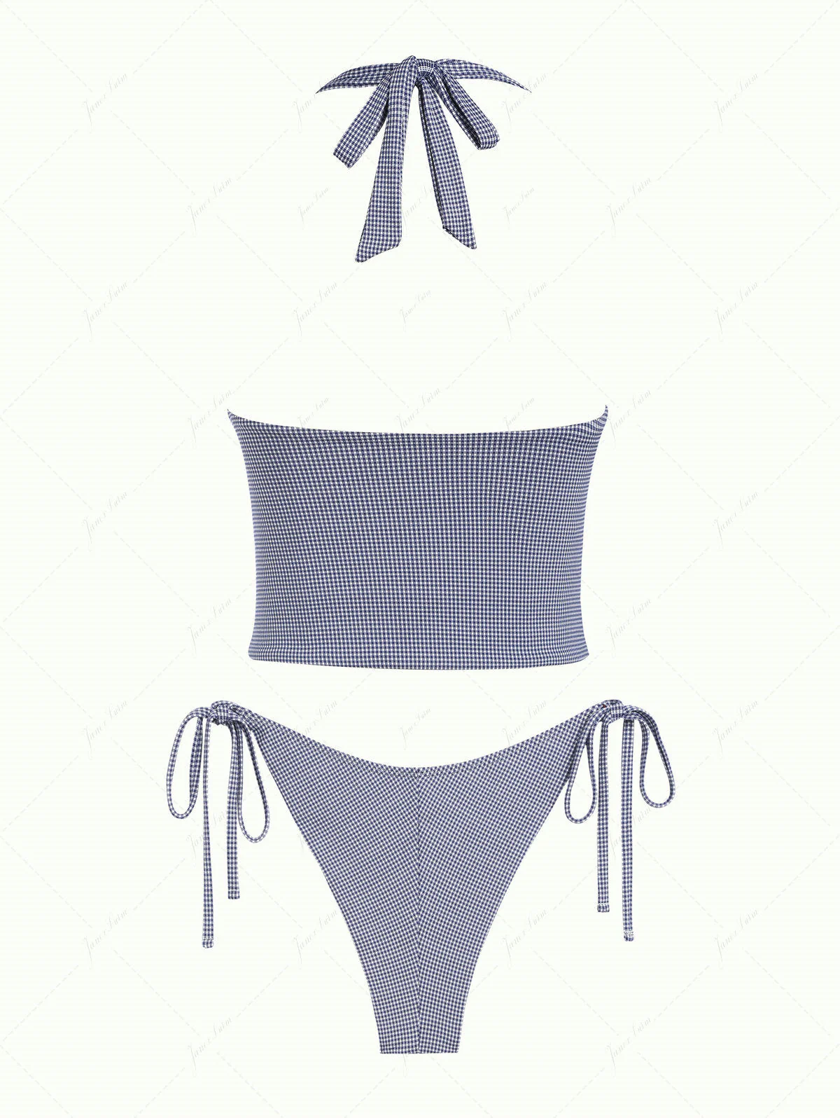 Deep Blue Vintage Plaid Halter Tank Top & Cheeky Brazilian Bottom Tankini Set - Image 12