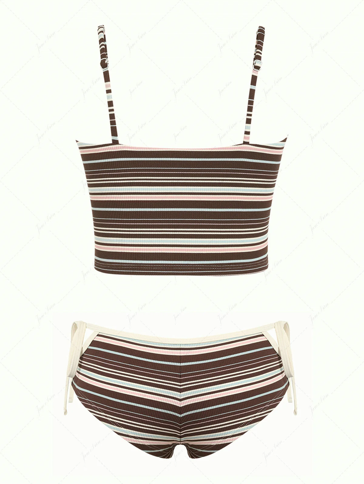 Deep Coffee Ribbed Striped Cutout Tie Side Cheeky Boyshorts Tankini Set - Image 2