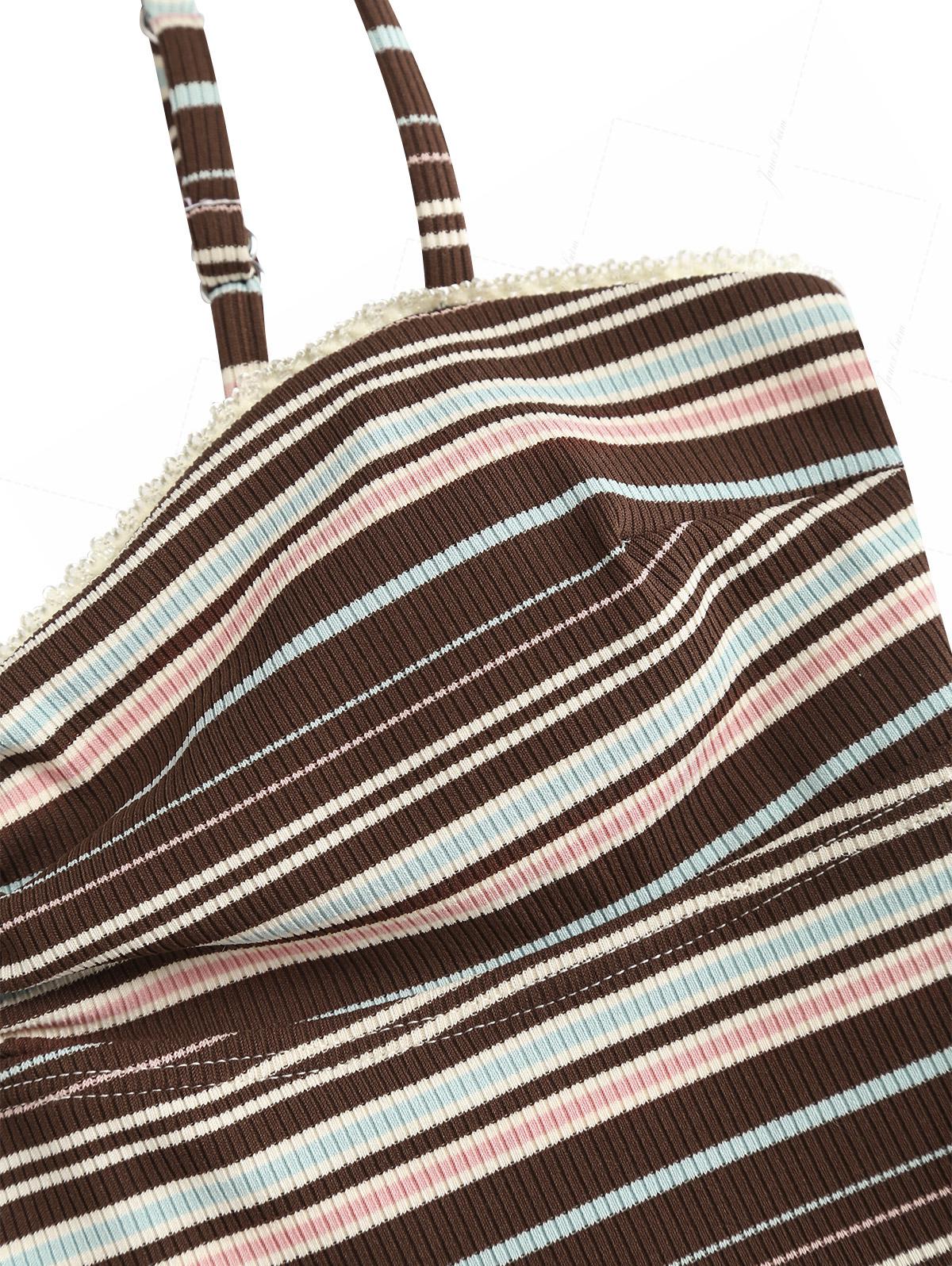 Deep Coffee Ribbed Striped Cutout Tie Side Cheeky Boyshorts Tankini Set - Image 4