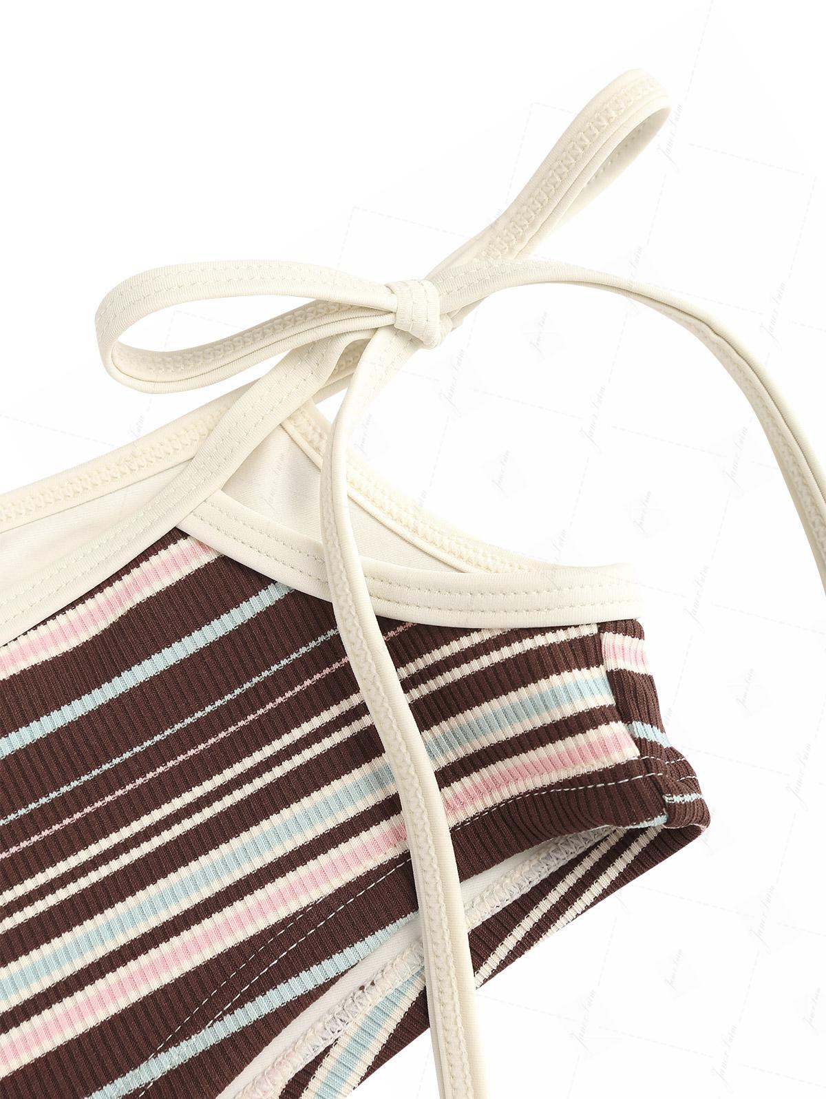 Deep Coffee Ribbed Striped Cutout Tie Side Cheeky Boyshorts Tankini Set - Image 6